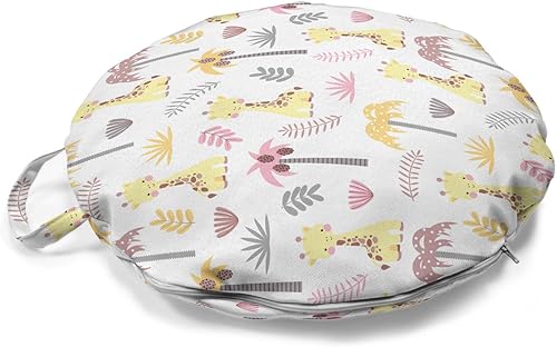 Ambesonne Giraffe Round Floor Cushion with Handle, Young Giraffes in with Palm Trees Cartoon, Decorative Pillow for Living Room & Dorms, 18" Round,