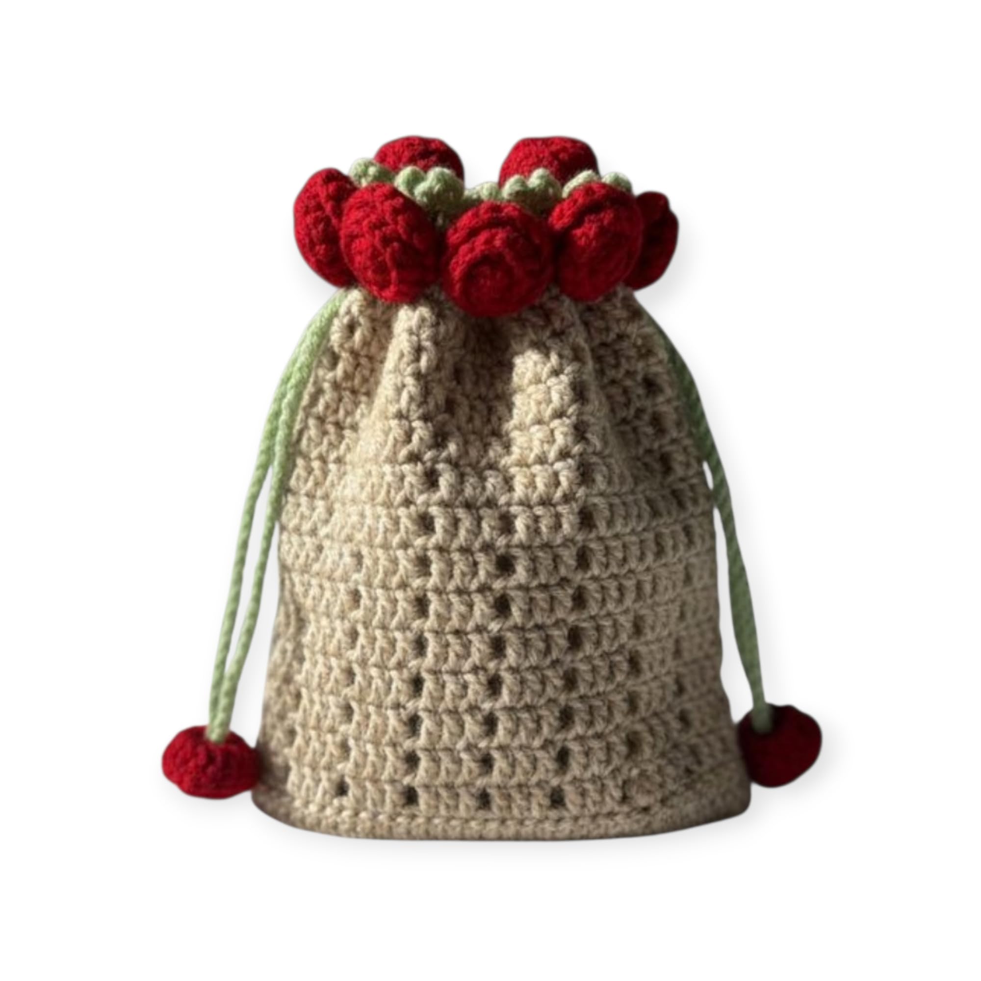 Handmade Crochet Drawstring Pouch with Rose Border, Beige and Red, 15cm-picture-26