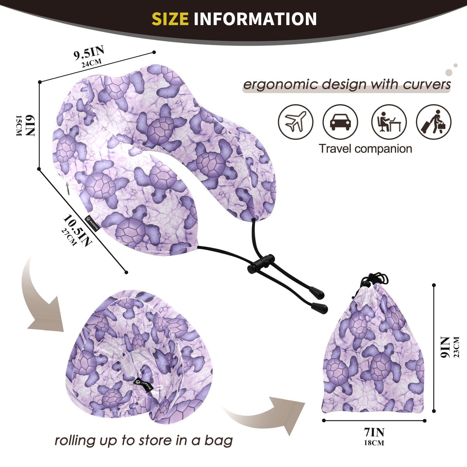 susiyo Travel Pillow Sea Turtle Purple Airplane Neck Pillow Premium Memory Foam Travel Neck Pillow Head Support Comfortable Flight Pillow with Storage Bag for Airplane, Car, Train, Office and Home