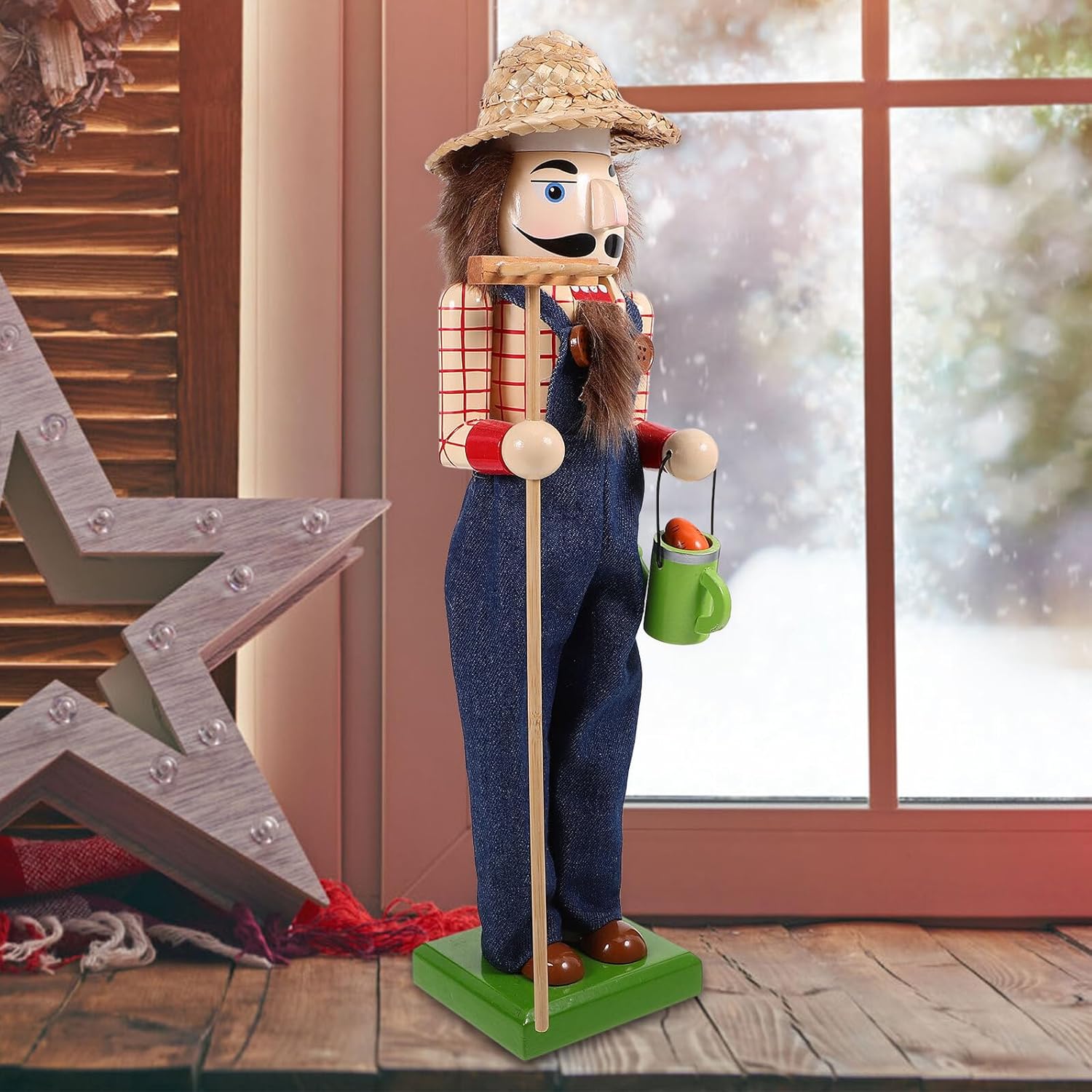 VALICLUD Wooden Nutcracker Puppet Figure 38cm Tall Farmhouse Style with Straw Hat Christmas Nutcracker Decoration for Home Seasonal Festive Tabletop Display
