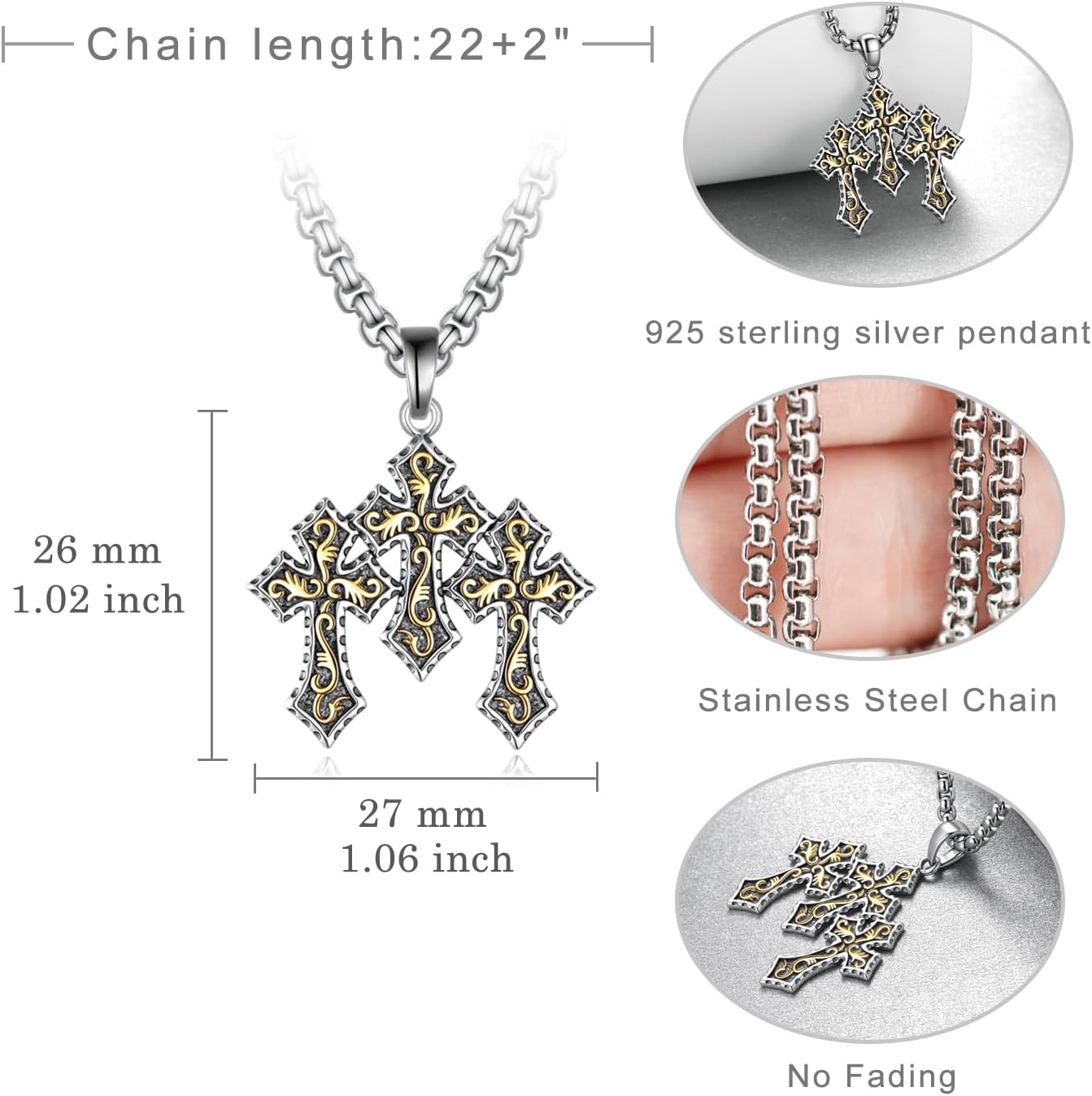 Cross Necklace 925 Sterling Silver Triple Cross Pendant Necklace for Men Cross Jewelry Gifts for Men - Image 4