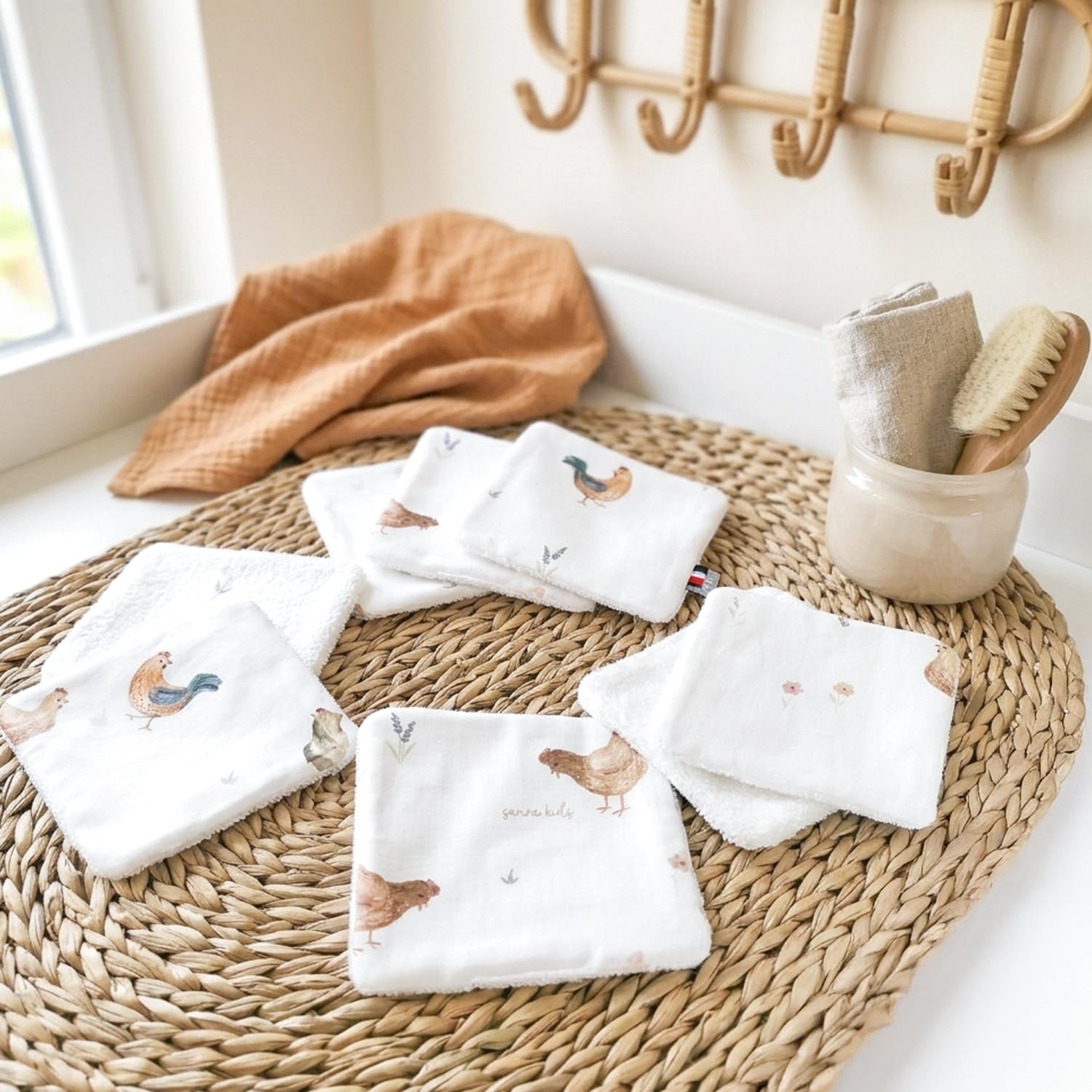 SEVIRA KIDS - Lingettes bébé lavables 8 pièces, GALLINA - 10x10 cm Made in France