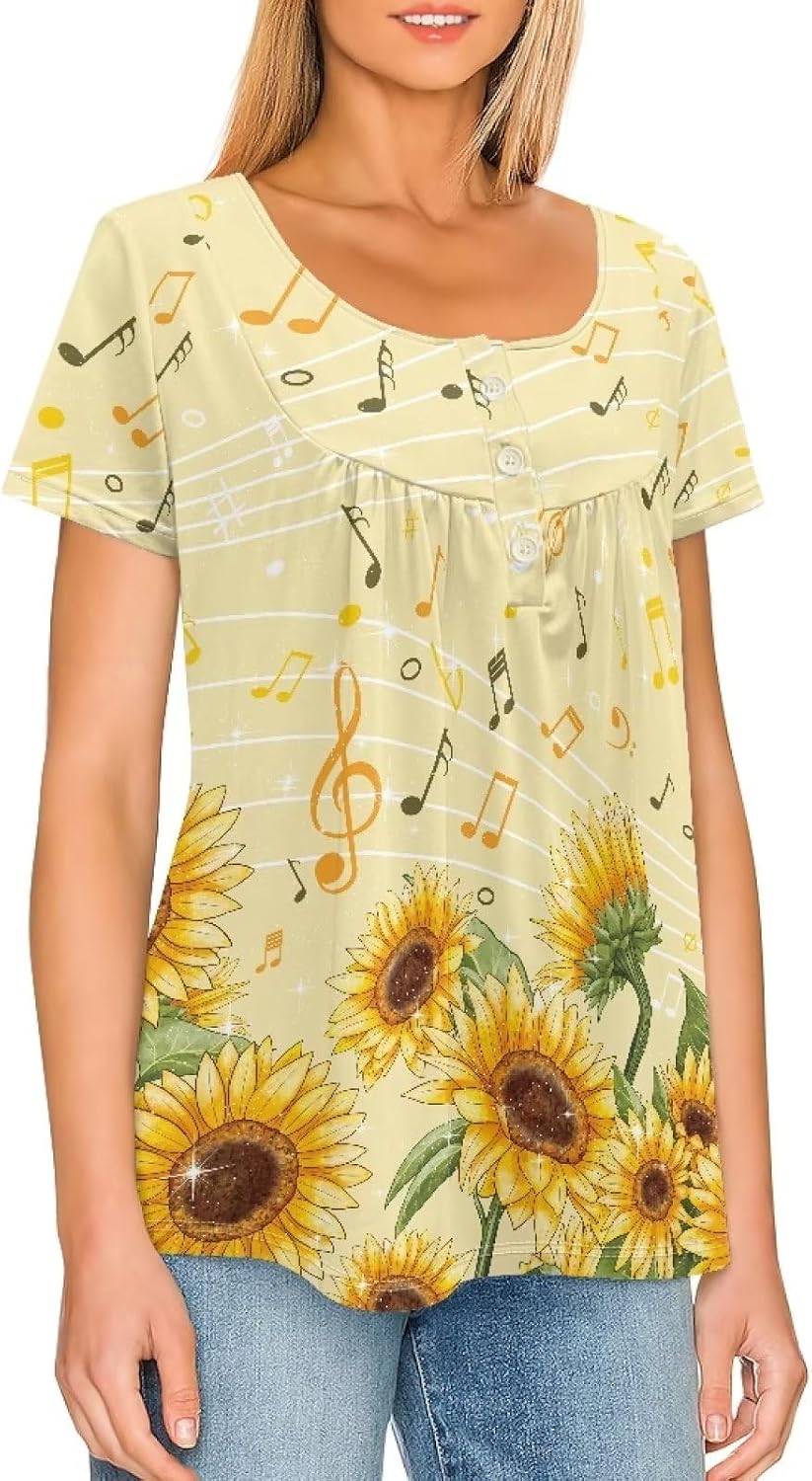 Rose Tunic Tops for Women Blue Rose Short Sleeve Flare T-Shirts Rose Flowers V-Neck Button Up Pleated Top
