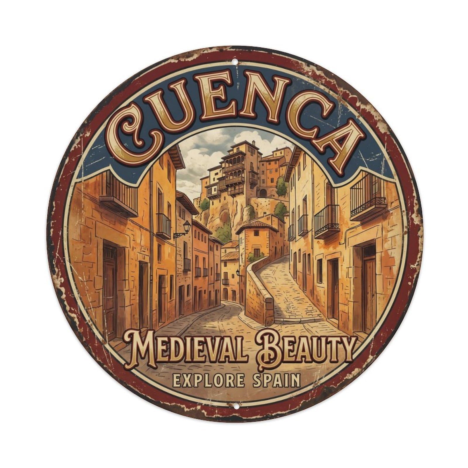 Gtthok Vintage Style-12 Vintage Travel Medieval Spain Town Metal Tin Sign Plaque Wall Decor For Cafe, Club, Garden Round Metal Poster 8X8inch
