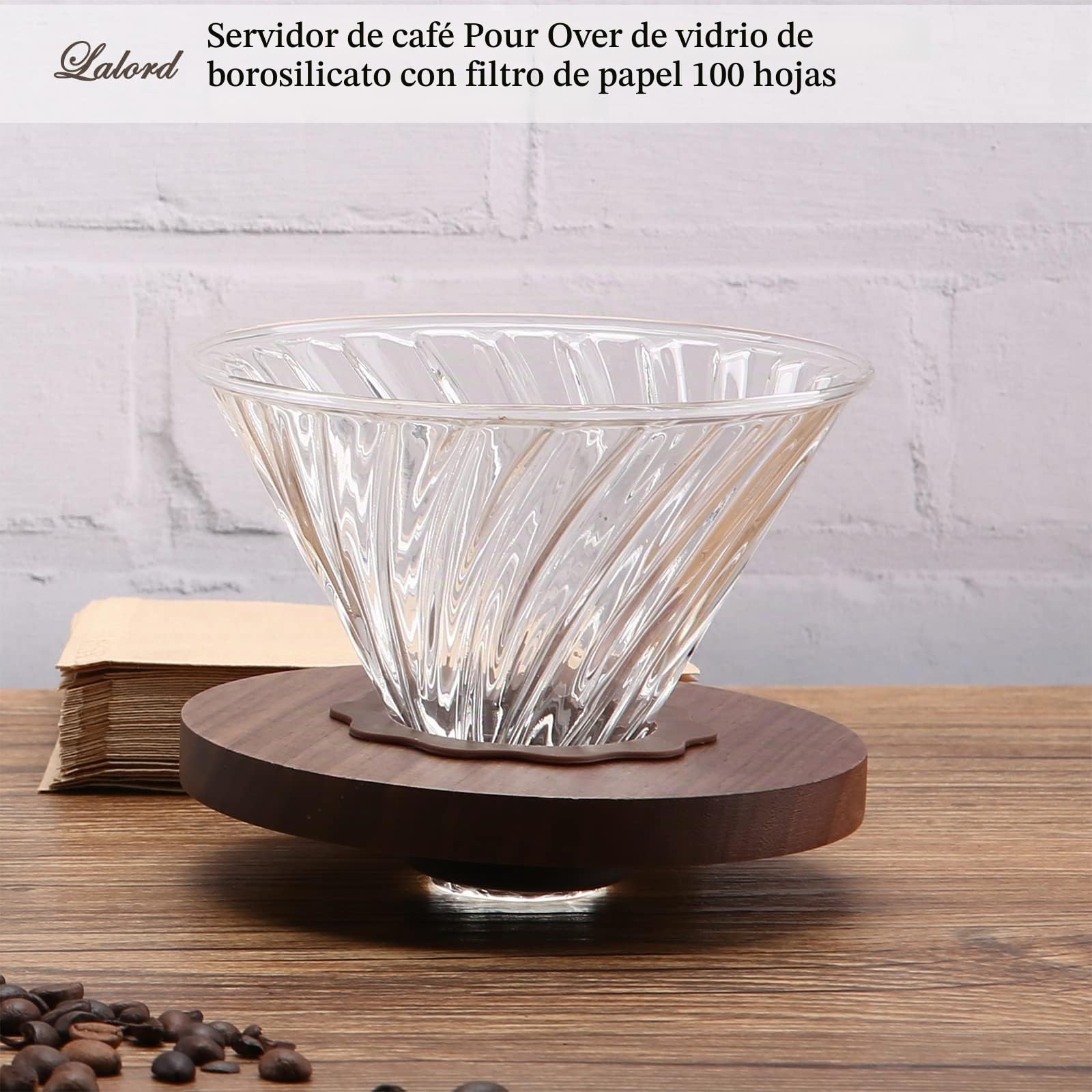 Lalord Gotero de café con 100 filtros de papel V02, mango de nogal y vidrio de borosilicato, gotero de café de vidrio V02, capacidad para 1-4 tazas