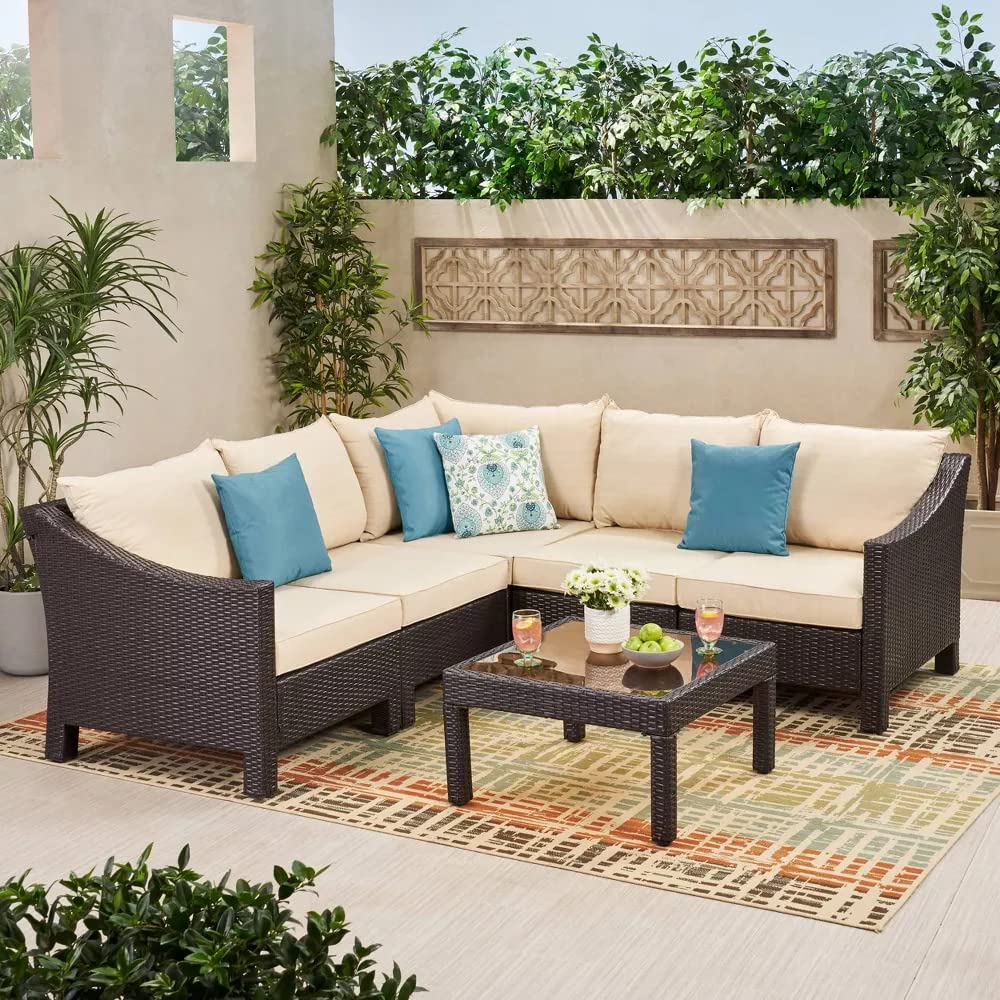 DEVOKO Patio 3PCS Outdoor L Shape Rattan Sofa Set with Cushions and Center Table Furniture for Garden, Porch, Backyard (Dark Brown & Cream)-image-31