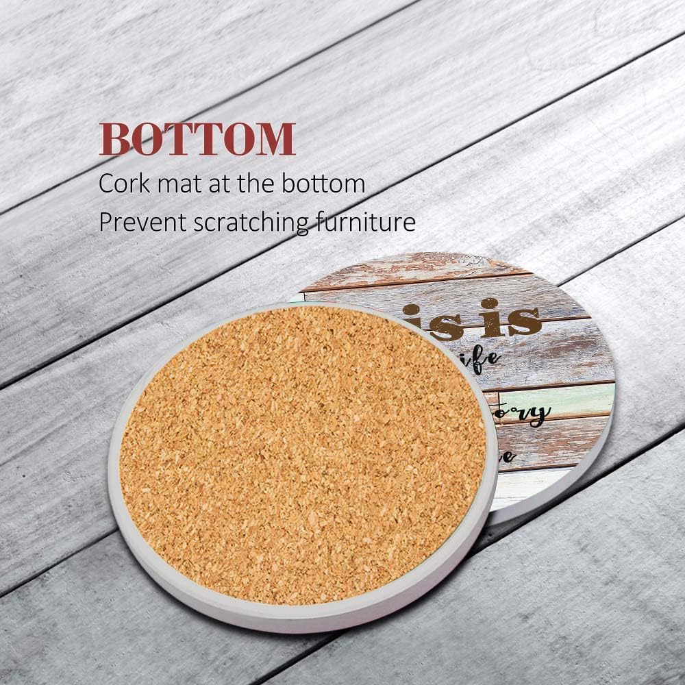 Coasters for Drinks Set of 6, Farmhouse Wood Home Happy Saying Phrase Absorbent Round Ceramic Stone Mat, with Cork Base and Metal Holder, Gift for Housewarming Room Bar Decor - Image 5