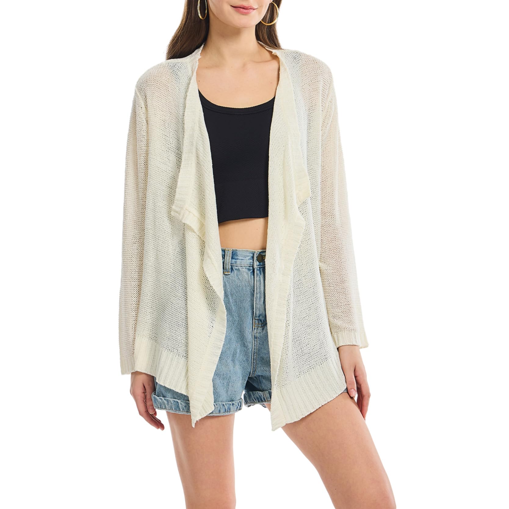 Simple&Opulence Women's Summer Crochet Cardigan, Knit Lightweight Ladies Coverup, Casual Long Sleeve Outwear, Hollow Out Open Front Waterfall Sun Protection