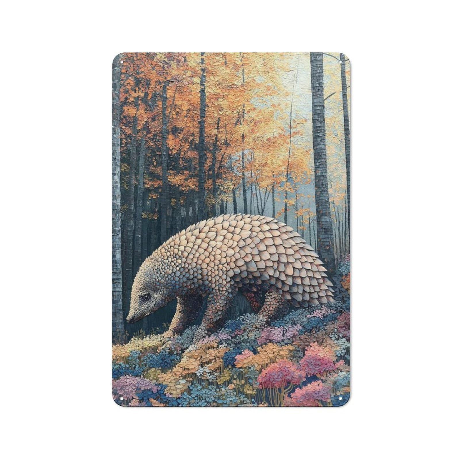 Junmoney Style-17 Tin Sign 30X20cm With Pangolin In Autumn Forest For Living Room Wall, Retro Decor, Autumn Wall Decor For Living Room Decor Lovers