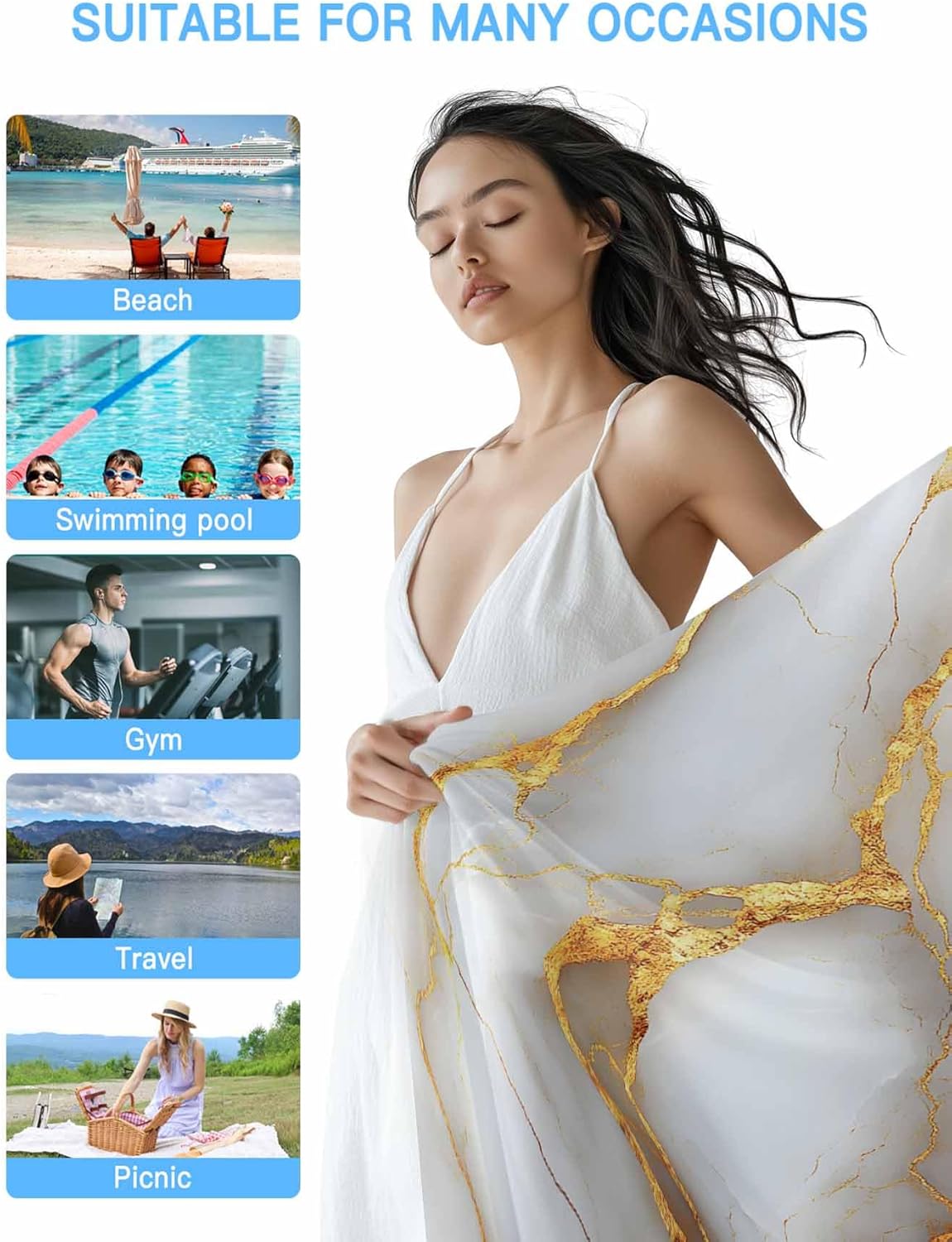 Marble Texture 1 Pack Beach Towel Polyester Water Absorbent Fast Dry Sand Free Beach Towel 35x71 Inch Lightweight Towel for Beach, Bath, Pool, Gym, Yoga White Phnom Penh Abstract Style