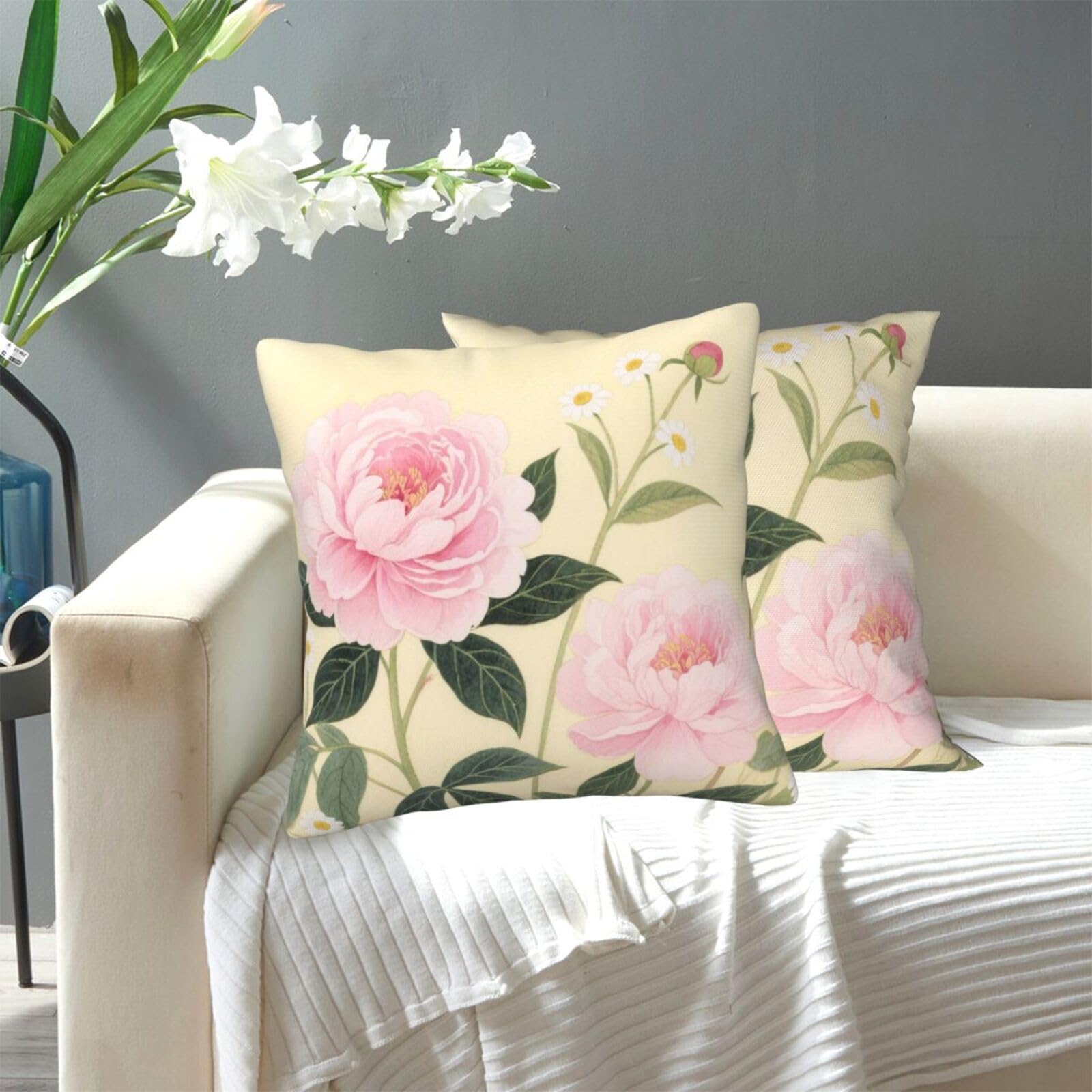FekiLoot Decorative Throw Pillow Covers Modern Farmhouse Pillowcase Double Sided Cozy Cushion Cover for Sofa Couch Bed 16"X16" Vintage Pink Flowers Leaves