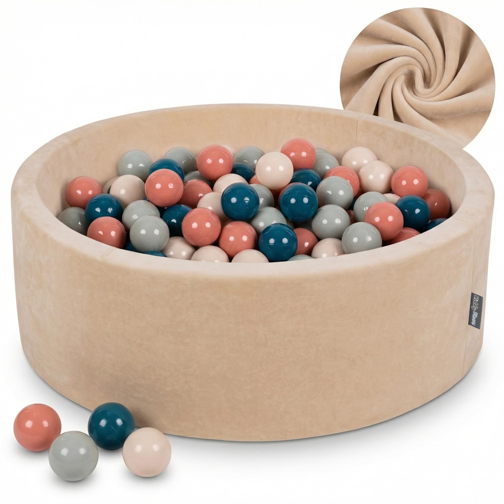 KiddyMoon Soft Ball Pit Round 90X30cm/300 Balls ∅ 7Cm/2.75In For Kids, Foam Velvet Ball Pool Baby Playballs, Sand Beige:Dark Turquoise/Pastel Beige/Greengrey/Salmon Pink — image 1