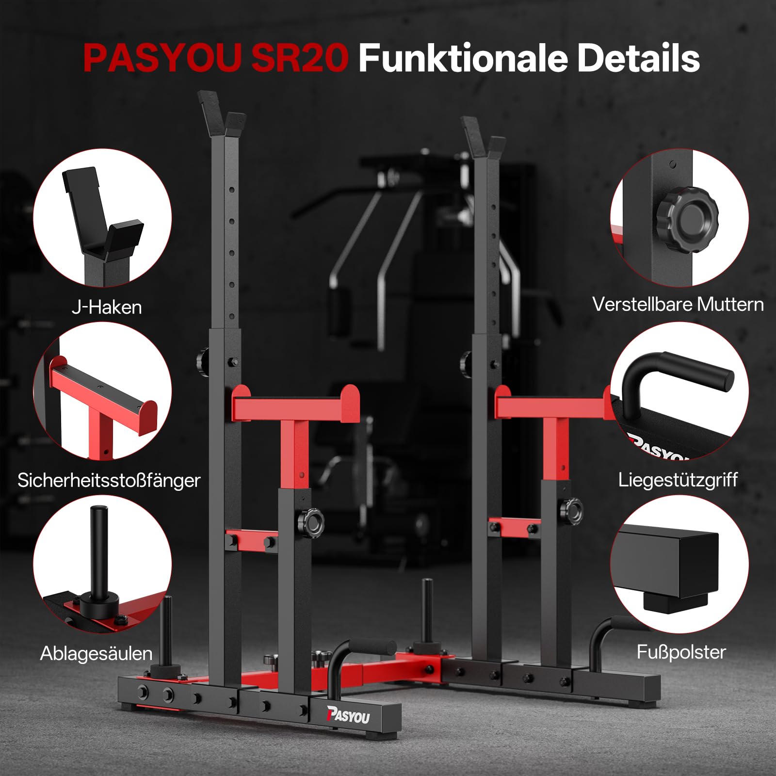 PASYOU Squat Rack Hantelständer, Multi-Funktionales Langhantelständer, Höhenverstellbare Doppelte Langhantelablage mit Push up, Trainingsgerät für zu Hause,Gym Standard Max. bis 544 KG