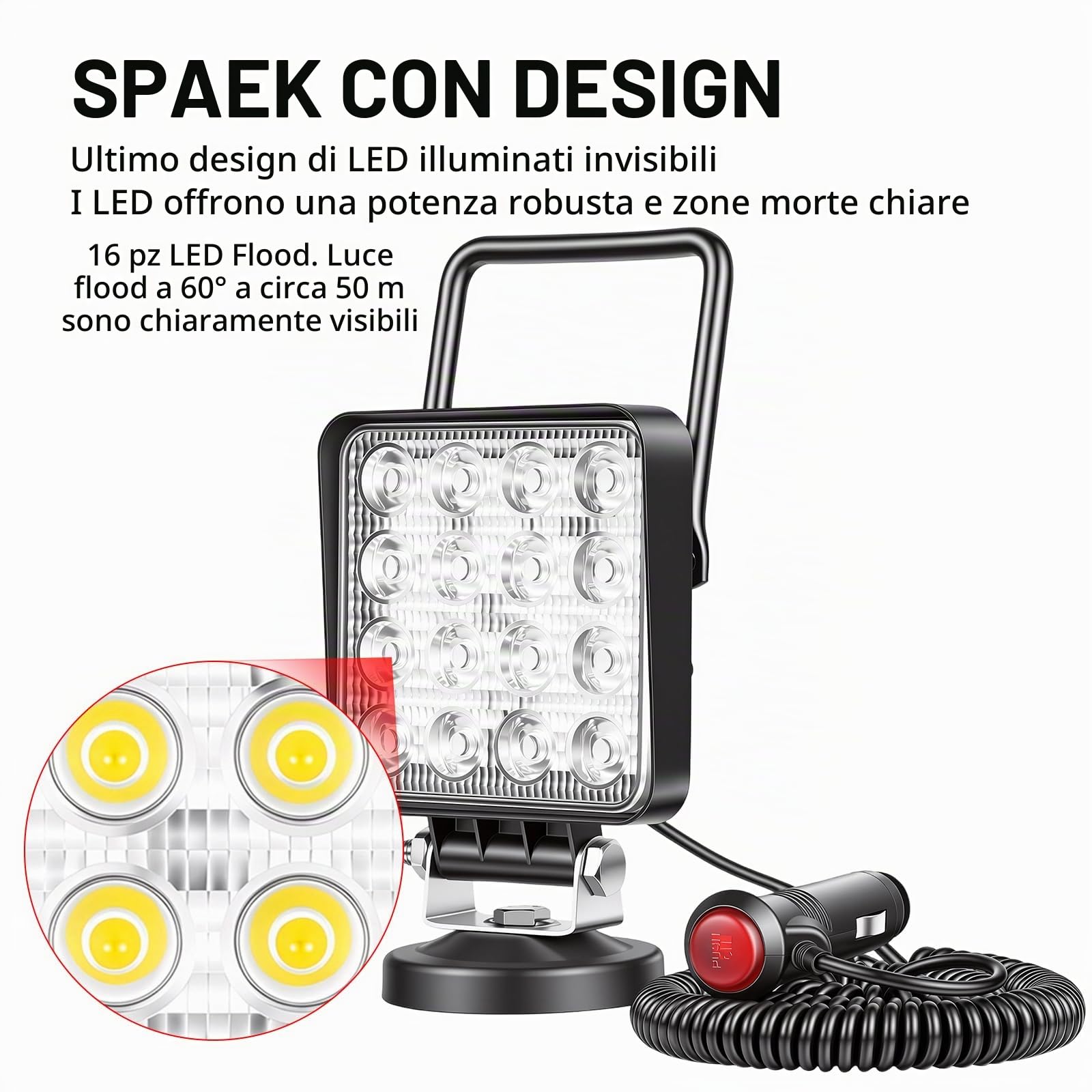 RIGIDON 2x faro da ricerca led, luce da lavoro con magnetica 4 pollici 48W | 12V 24V, cavo 5 metri, interruttore accendisigari, per auto fuoristrada, camion SUV UTE 4x4 barca, floodlight, 6000K bianca