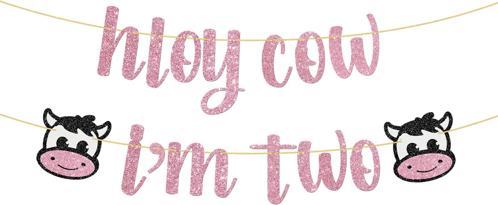 WeBenisonHoly Cow I'm Two Banner Farm Animal 2nd Birthday Party Birthday Banner Cowgirl Birthday Party Decoration Supplies Pink Glitter
