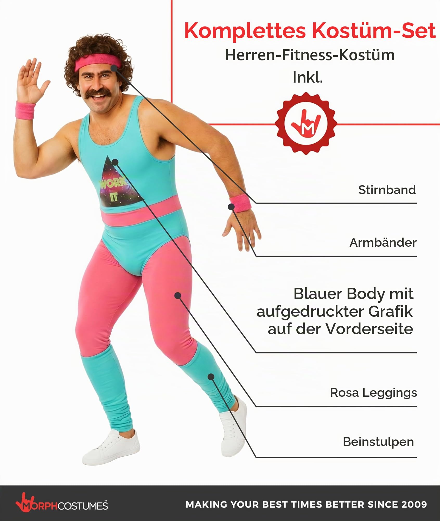 Fun Shack Aerobic Kostüm Herren, Aerobic Outfit 80er Herren, 80er Jahre Outfit Männer, Junggesellenabschied Kostum, Schlagermove Outfit Männer, Karneval & Fasching
