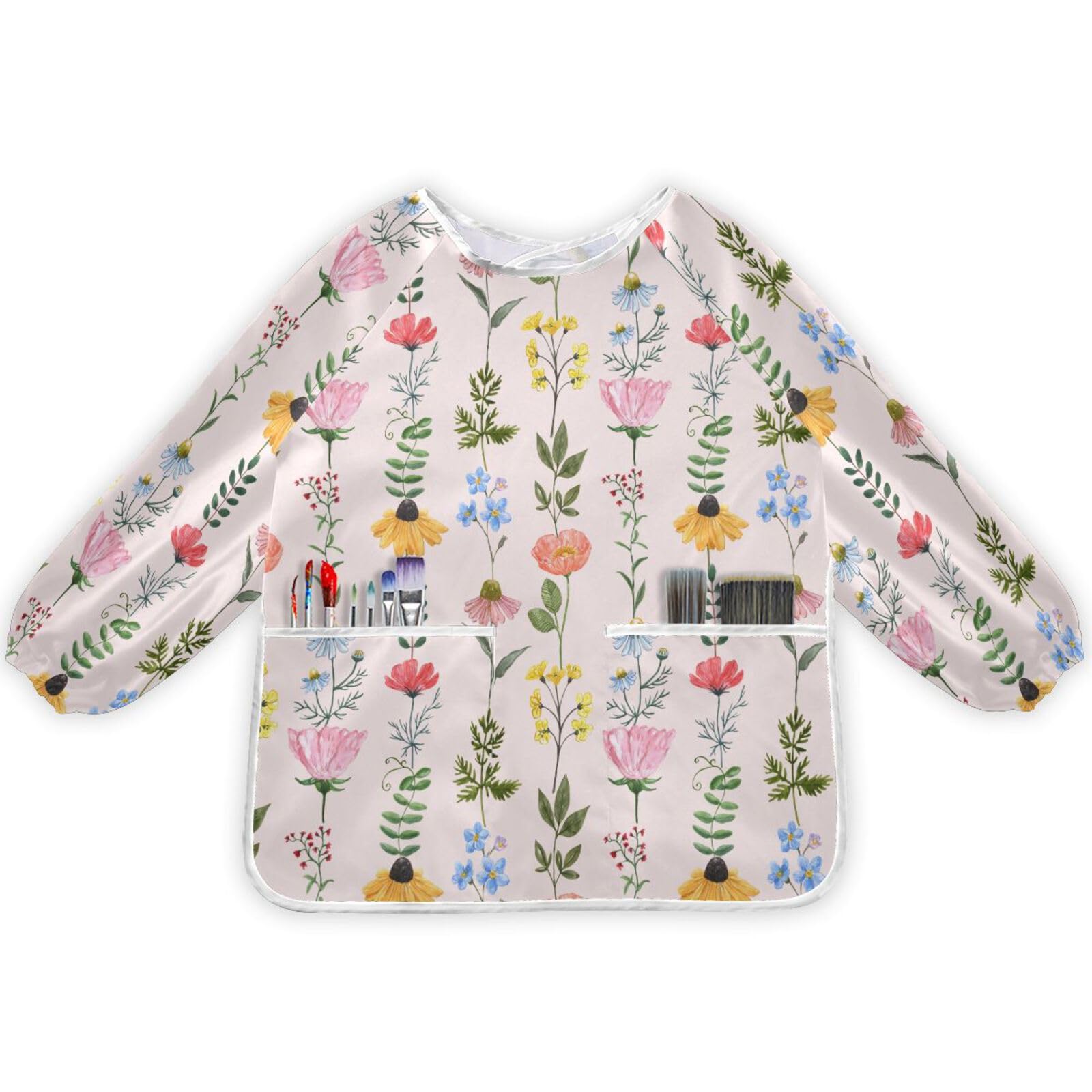 Wildflowers Kids Art Smock Waterproof Artist Painting Aprons Long Sleeve with Pockets for Girls Boys Cooking Baking