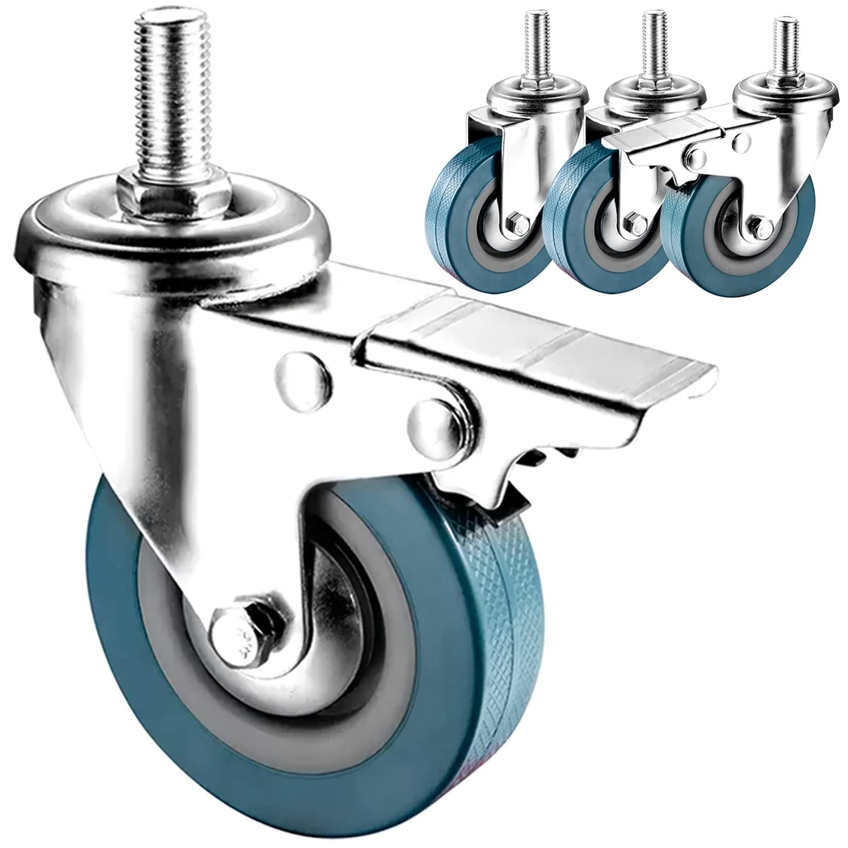 ZGUOUZANTYE M10 M12 30mm Threaded Stem Swivel Caster Dual Locking Silent Castor 270 Lb Load Capacity Furniture DIY Transport Wheel(Swivel+brake,75mm(3in) m10)