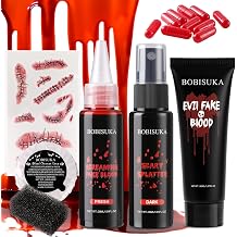 BOBISUKA Halloween Makeup Fake Blood Kit- Washable Dark Spray + Fresh Dripping + Blood Thick Gel, Blood Capsule, Stipple Sponge &amp; Soap, Realistic Scar Tattoo for SFX Zombie Clown Mouth Clothes