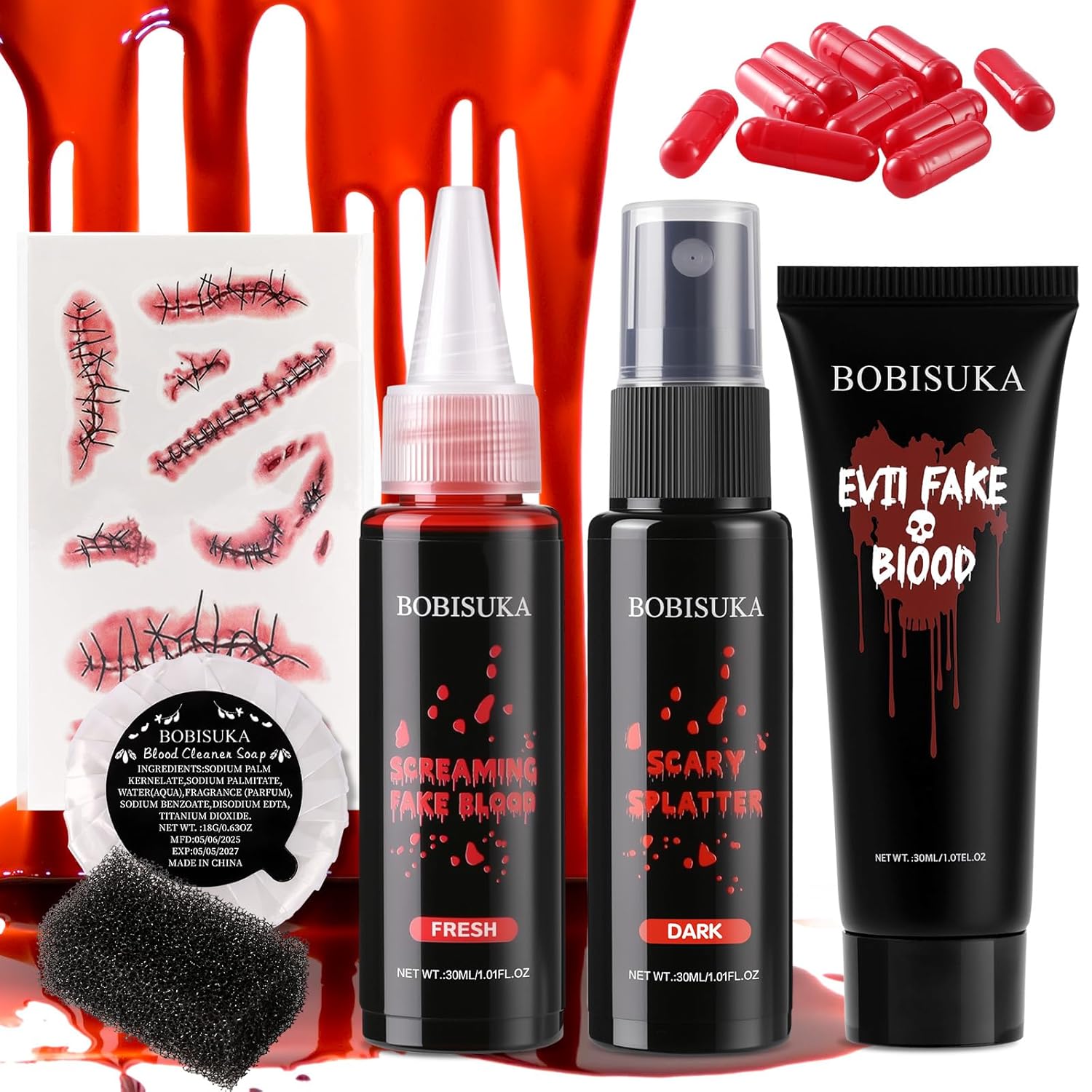 Amazon.com : BOBISUKA Halloween Makeup Fake Blood Kit- Washable Dark ...