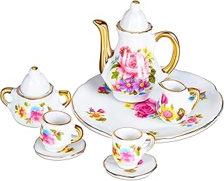 8 Pieces Miniature Porcelain Tea Cup Set for Little Girls, Dollhouse Accessories Kitchen Miniature Porcelain Set Mini Flower Pattern Teapot Cup Plates Set for Dollhouse Kitchen Supplies