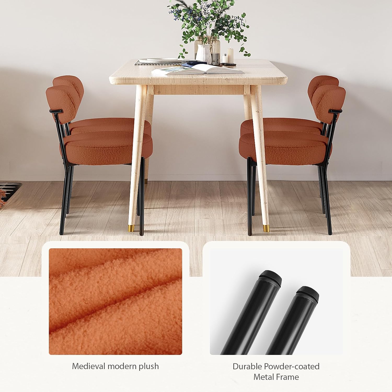 DUMOS Dining Chairs Set of 2, Mid Century Modern Chair Round Upholstered Curved Backrest, Kitchen Vanity Living Room Chairs with Black Metal Legs, Orange