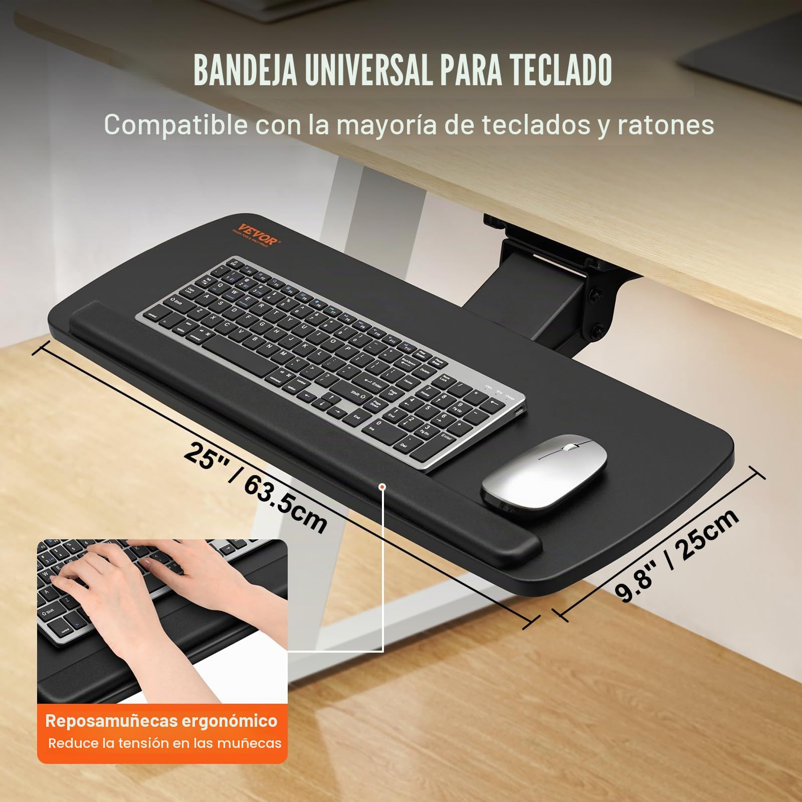 VEVOR Soporte para Teclado Bandeja Deslizante para Teclado y Ratón de 63,5x25 cm Debajo del Escritorio Carga Máxima de 5 kg Fijación Fácil y Ángulo Ajustable para PC en Oficina Casa