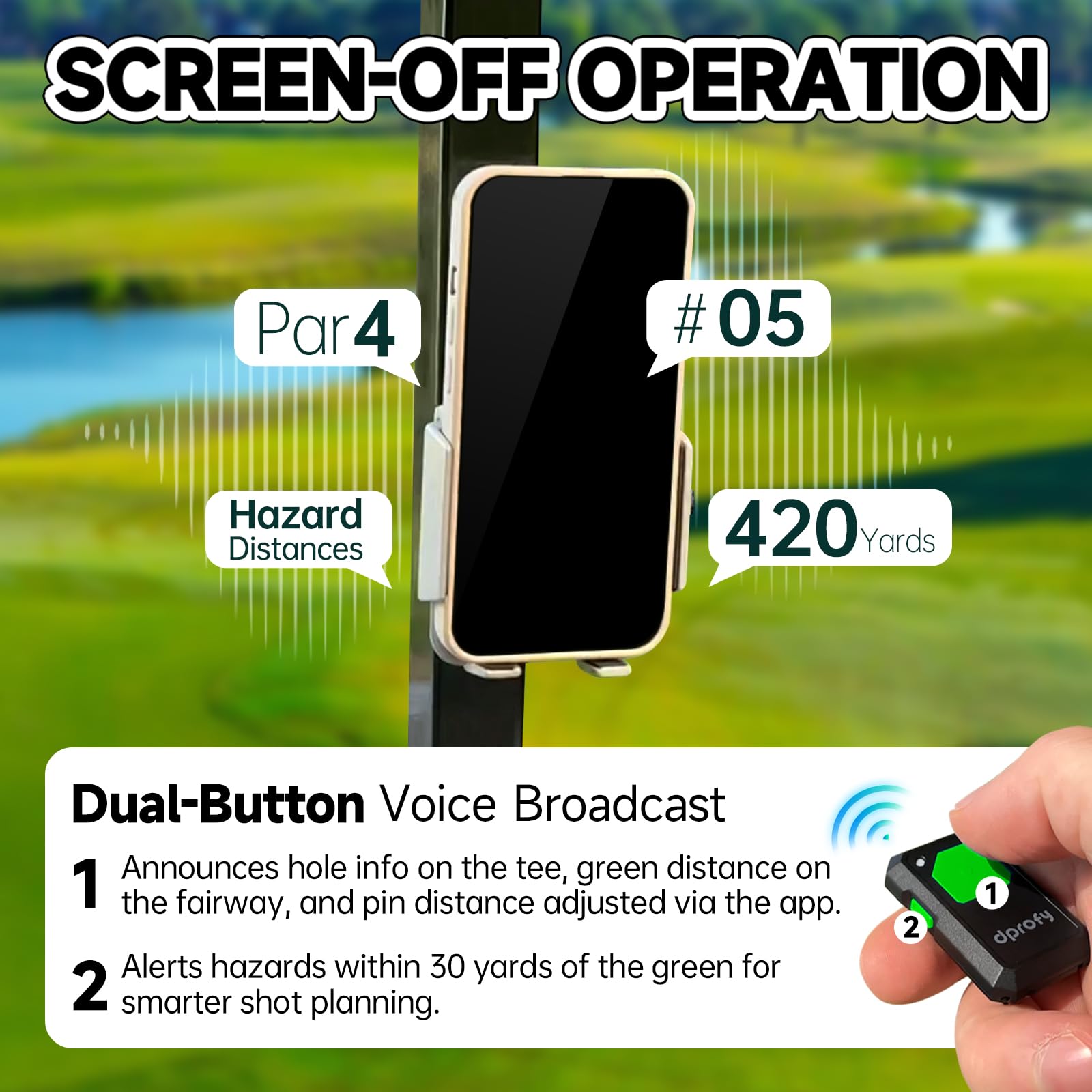 Dprofy Golf GPS Entfernungsmesser, Sprachausgabe mit Freisprech-Distanzlesung, funktioniert mit Dprofy APP, 40.000+ Kurse, tragbares Clip-on-Golfzubehör, unterstützt zwei Personen