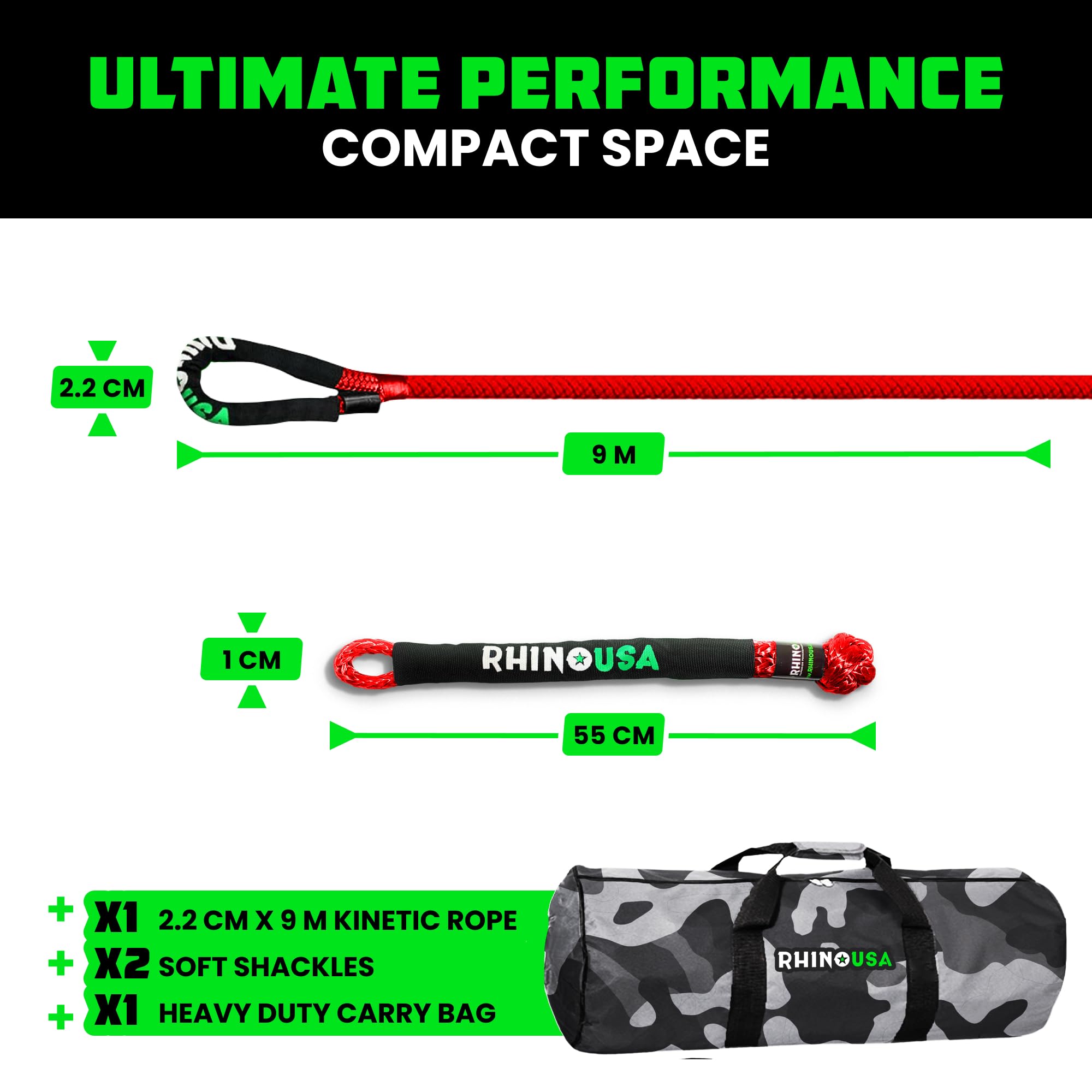 Rhino USA Kinetic Tow Rope 13,000kg (2.2cm x 9m) - Heavy Duty Offroad 4x4 Snatch Strap Recovery Kit - Includes 2 Soft Shackles for UTV, ATV, Truck, Car, Jeep, Tractor, Emergency Car Kit - Red