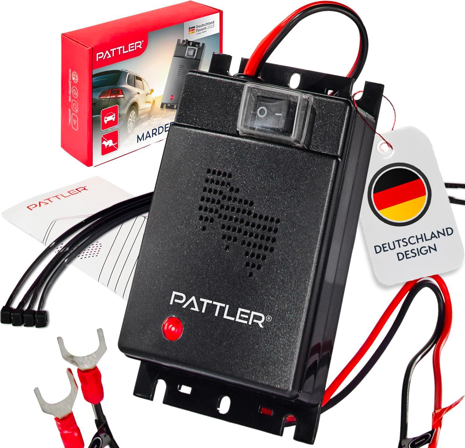 PATTLER® Marderschreck Ultraschall für Haus, Garage & Fahrzeug – Marderabwehr mit Ultraschall, Anschluss an 12V Batterie, Langfristiger Schutz für Motorraum, Carport, Dachboden & Außenbereiche