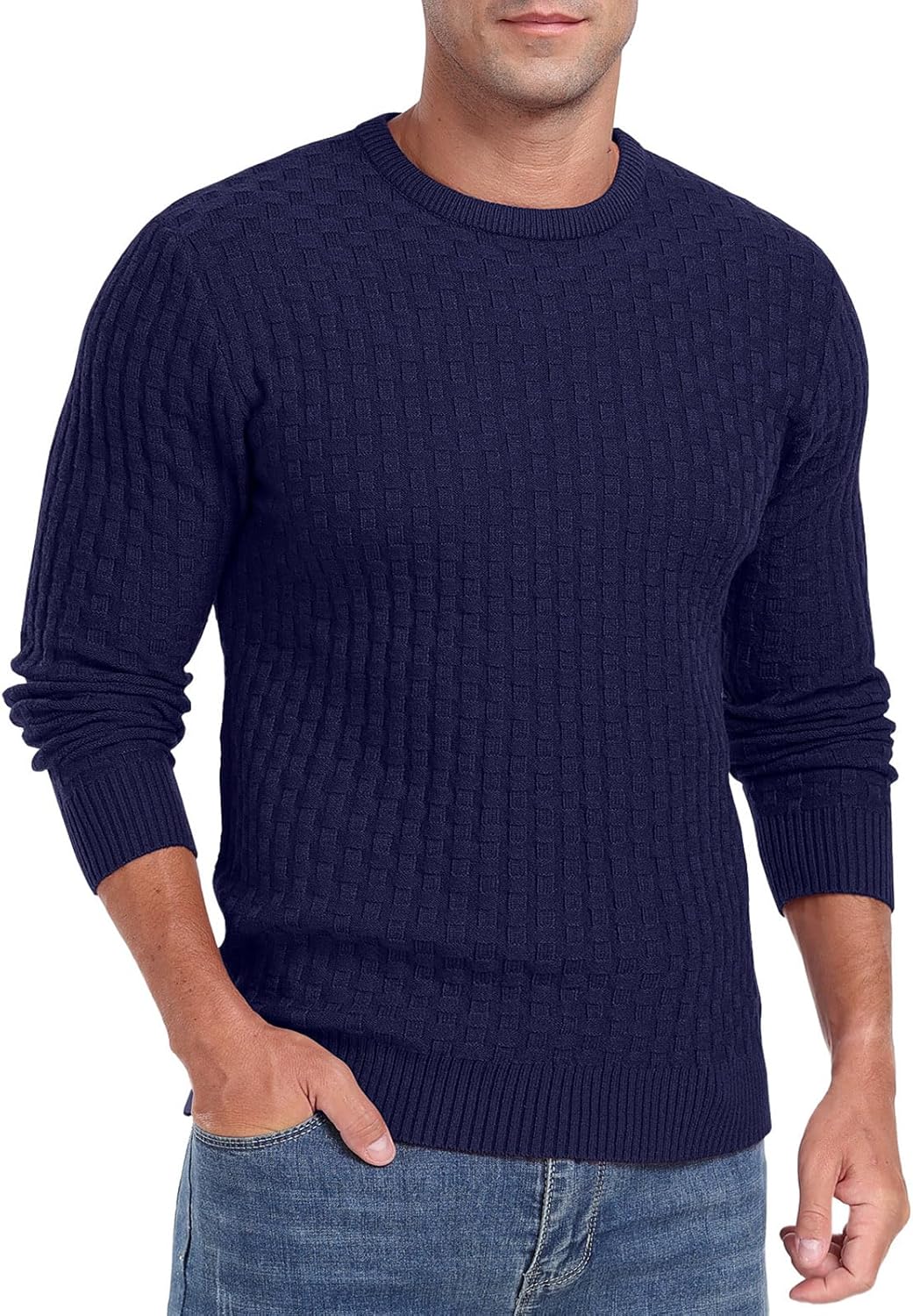 Askdeer Men's Crewneck Pullover Sweater Waffle Long Sleeve Casual Sweater Soft Knit Waffle Texture Sweater Ribbing Edge - Image 3