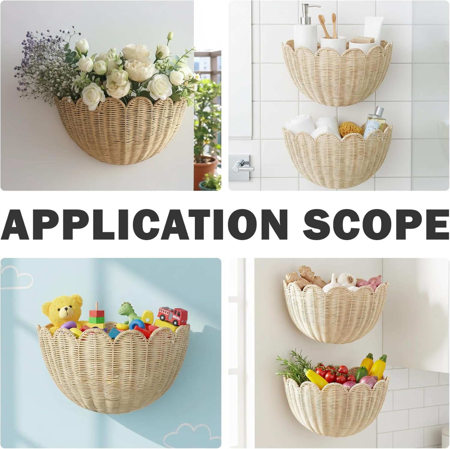 Wall Baskets, Boho Scalloped Woven Wall Baskets Hanging Rattan Storage Organizer for Bathroom Kitchen Living Room Bedroom Farmhouse Home Decor