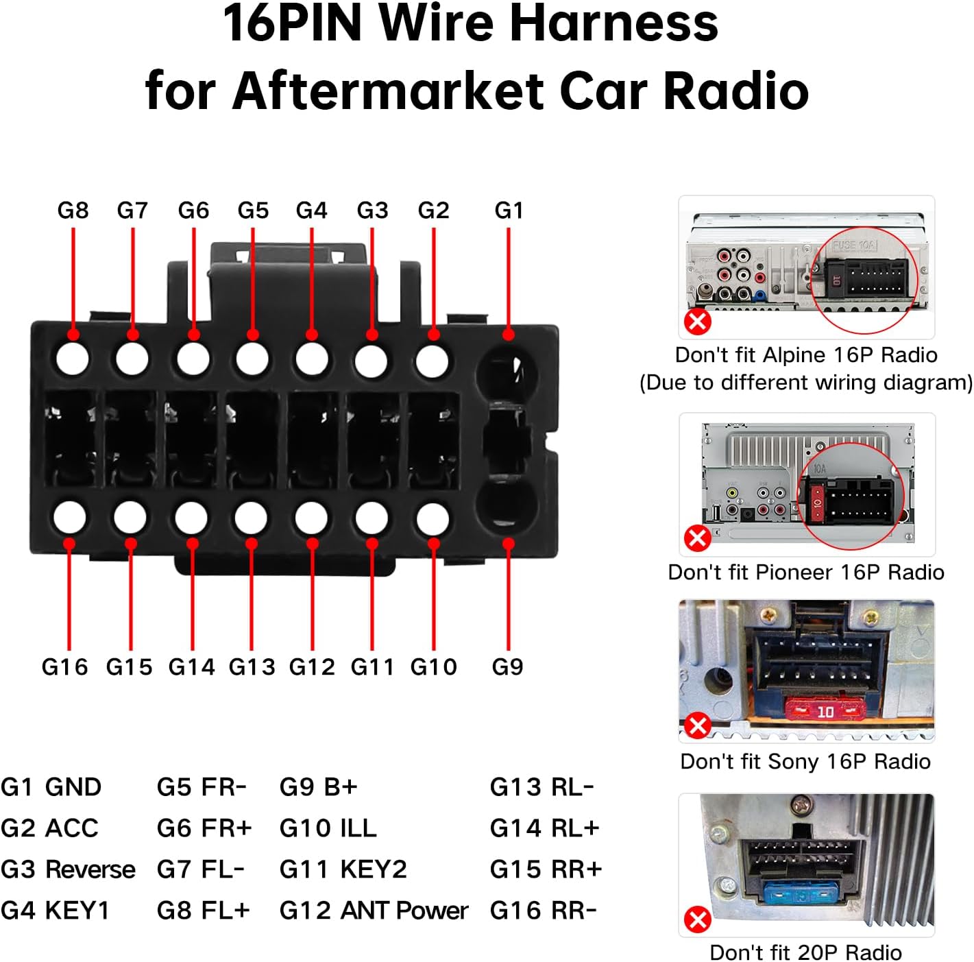 16PIN Wire Harness Pinout Diagram and Incompatible Stereo Examples
