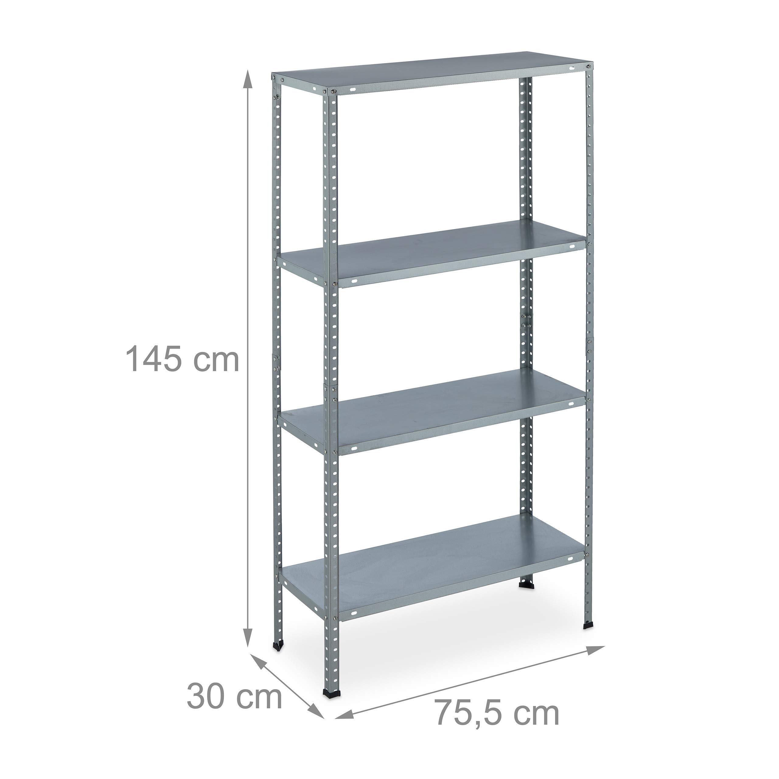 Relaxdays Étagère à charge lourde galvanisée, HLP 145x75,5x30 cm, 4 niveaux, 160 kg max., acier, cave, garage, argenté