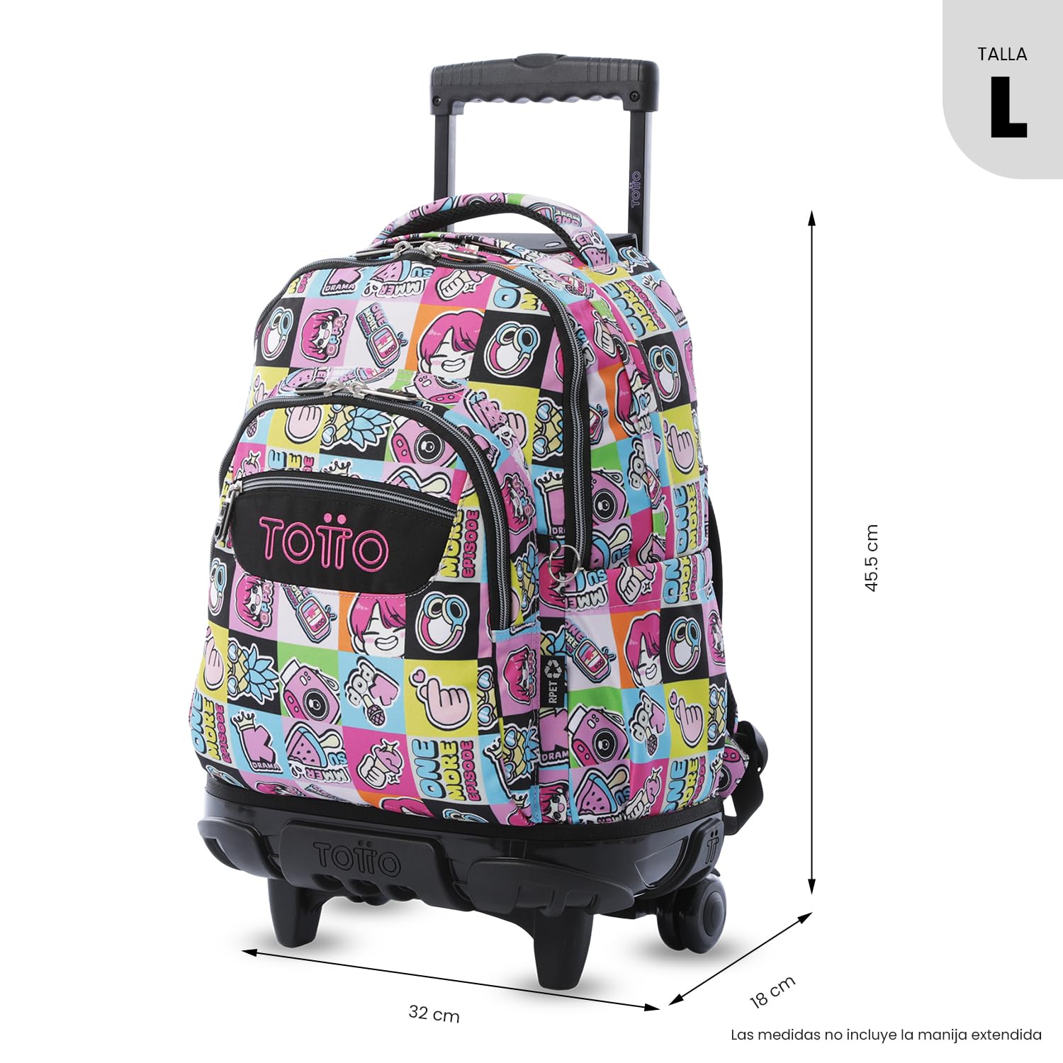TOTTO - Mochila Escolar con Ruedas, Modelo Renglones, Capacidad 26,21 Litros, Bolsillo para PC 14", Bolsillo Botella, Correas en S para Mayor Comodidad, Resistente, Estampado K-Pop Rosa
