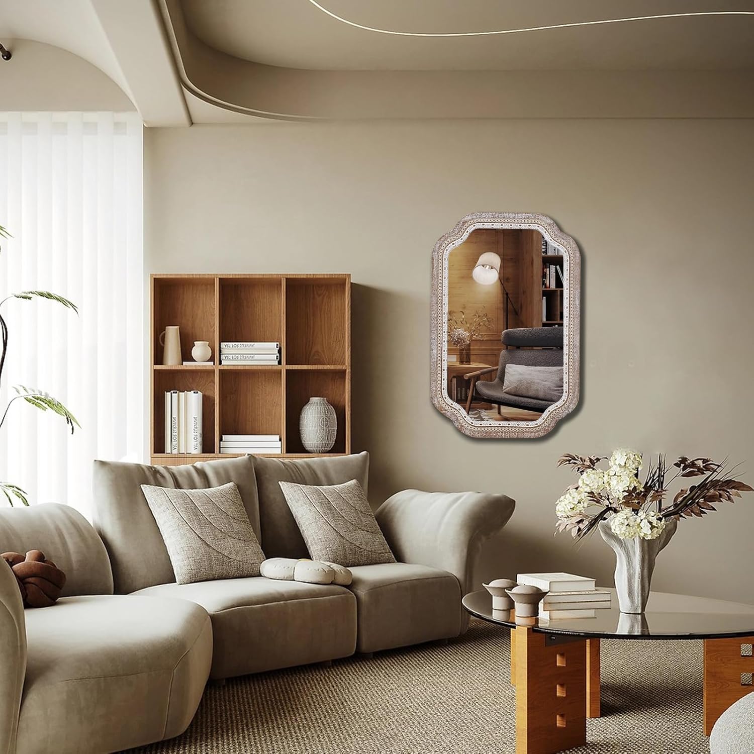 36x24'' Rustic Farmhouse Decorative Wall Mirrors for Entryway - Boho Wooden Scalloped Accent Mirror for Bathroom Over Sink, Foyer, Hallway - Vertical/Horizontal