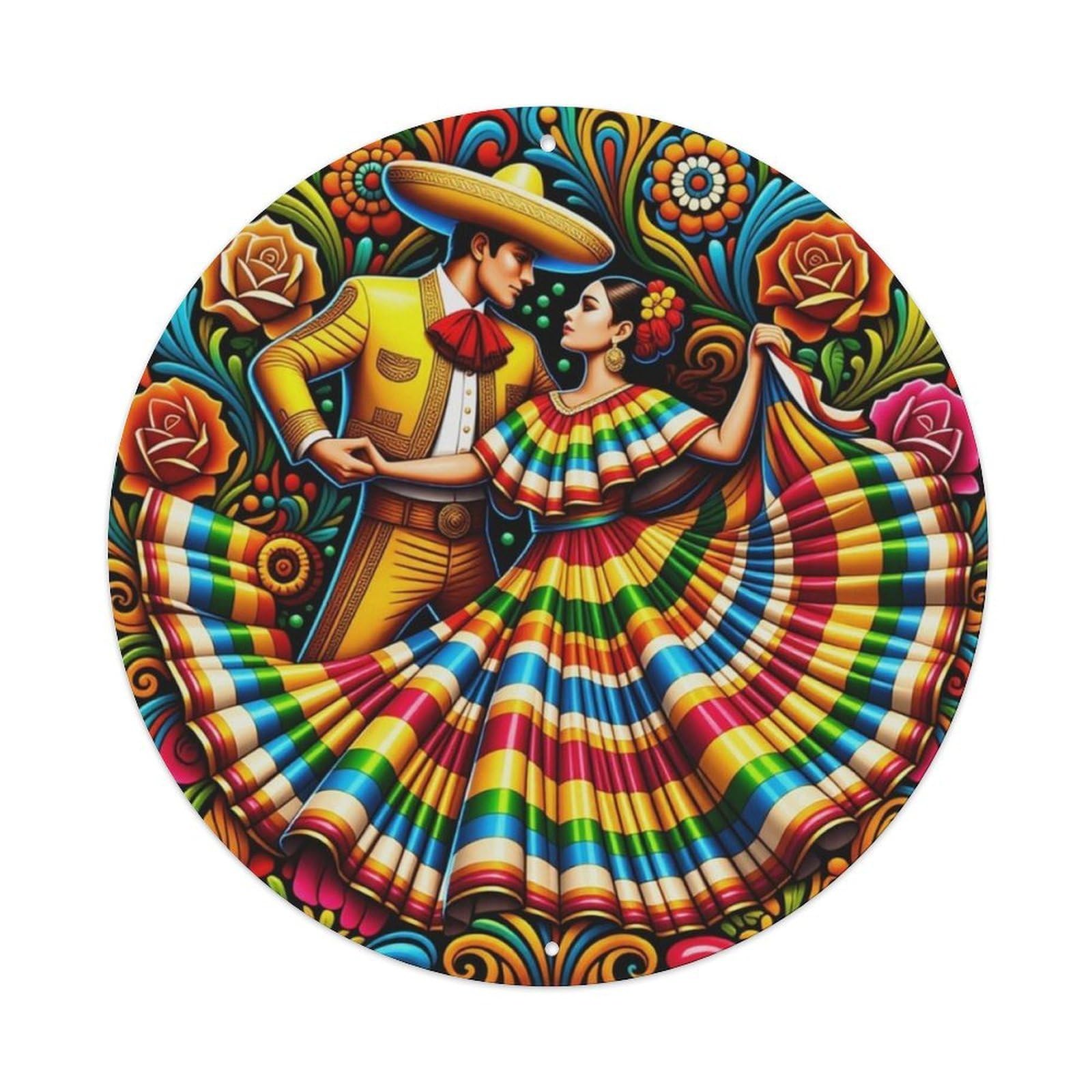 Mexican Folk Dance Couple Colorful Floral Round Decor Sign Vintage Aluminium Metal Sign, Retro Wall Decor for Home, Bar, Garage & Farmhouse 20x20cm