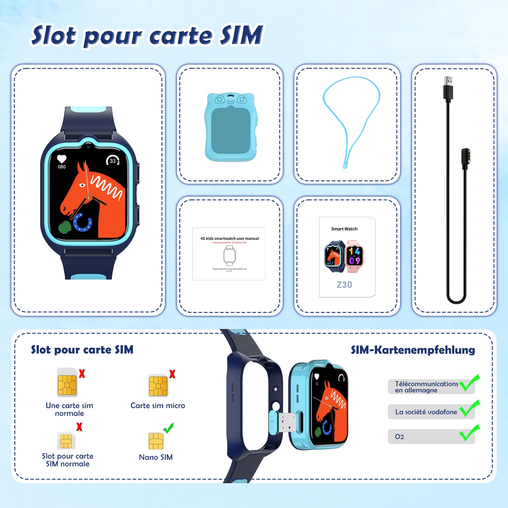4G Montre Connectée Enfant avec Appel Vidéo et GPS, Compatible Nano SIM, Messages Vocaux, SOS, Mode École, Lampe Torche, Podomètre, IP67, 2 Modes de Port, Android iOS, pour Garçon 4-12 Ans