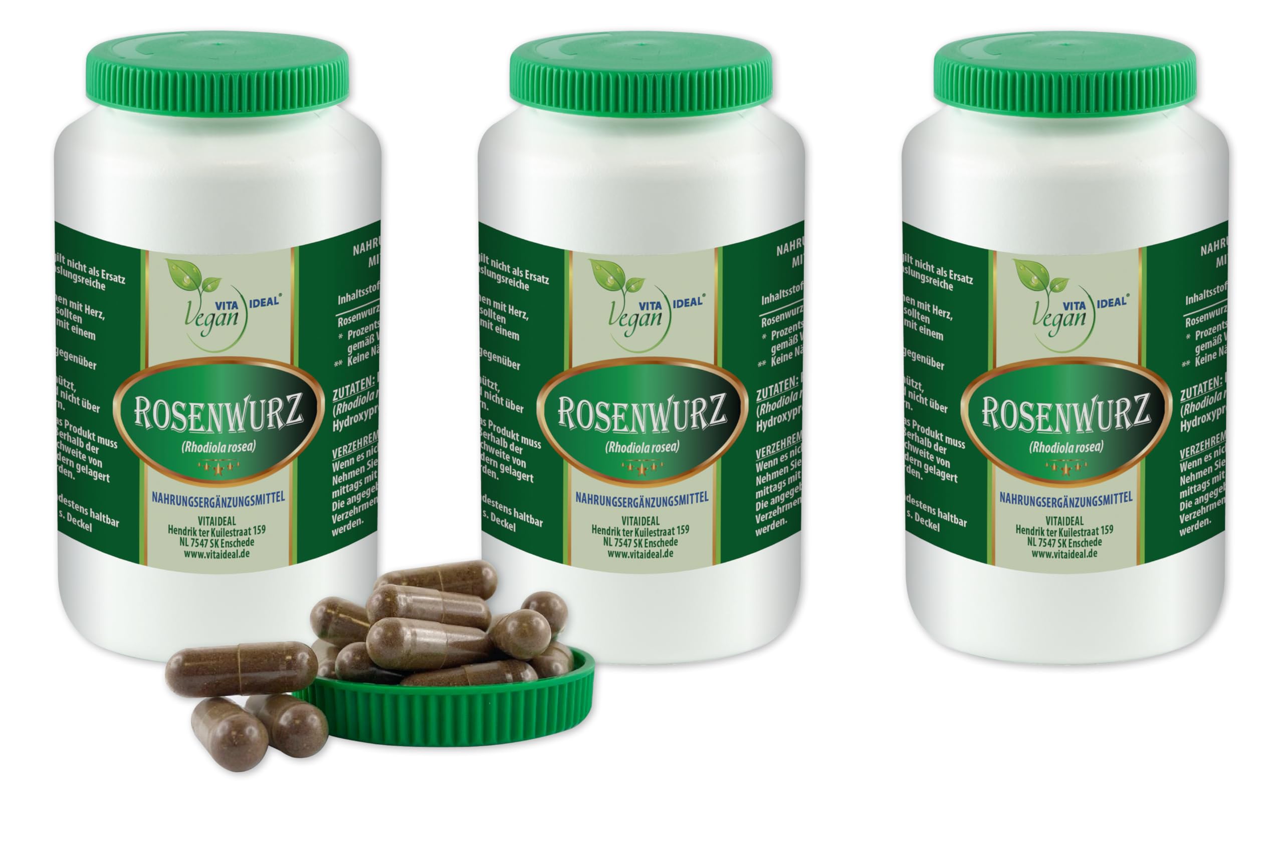 VITA IDEAL Vegan® ROSENWURZ - Wurzel 3x360 KAPSELN - RHODIOLA rosea - Tagesportion 840mg ROSENWURZWURZEL, natürlich, pflanzlich & ohne Zusatzstoffe,