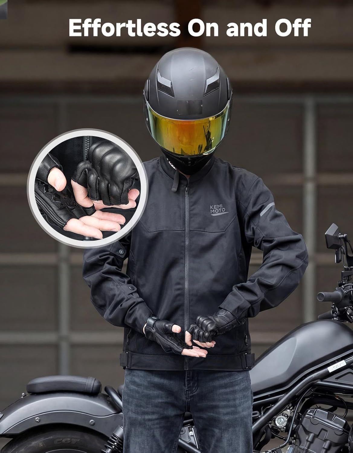 KEMIMOTO Gants Moto Homme Demi-Doigts, Gants Moto Été en Cuir de Chèvr Antidérapants avec Design à Coutures Extérieures, Convient pour Motocross, Scooter, Cyclomoteur, Mobylette, Quad, ATV