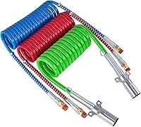 CheeMuii 15 Ft Coiled 3-in-1 Air Brake Hoses & 7-Way Electrical Cord Kit for Semi Trucks, Trailers, Tractors