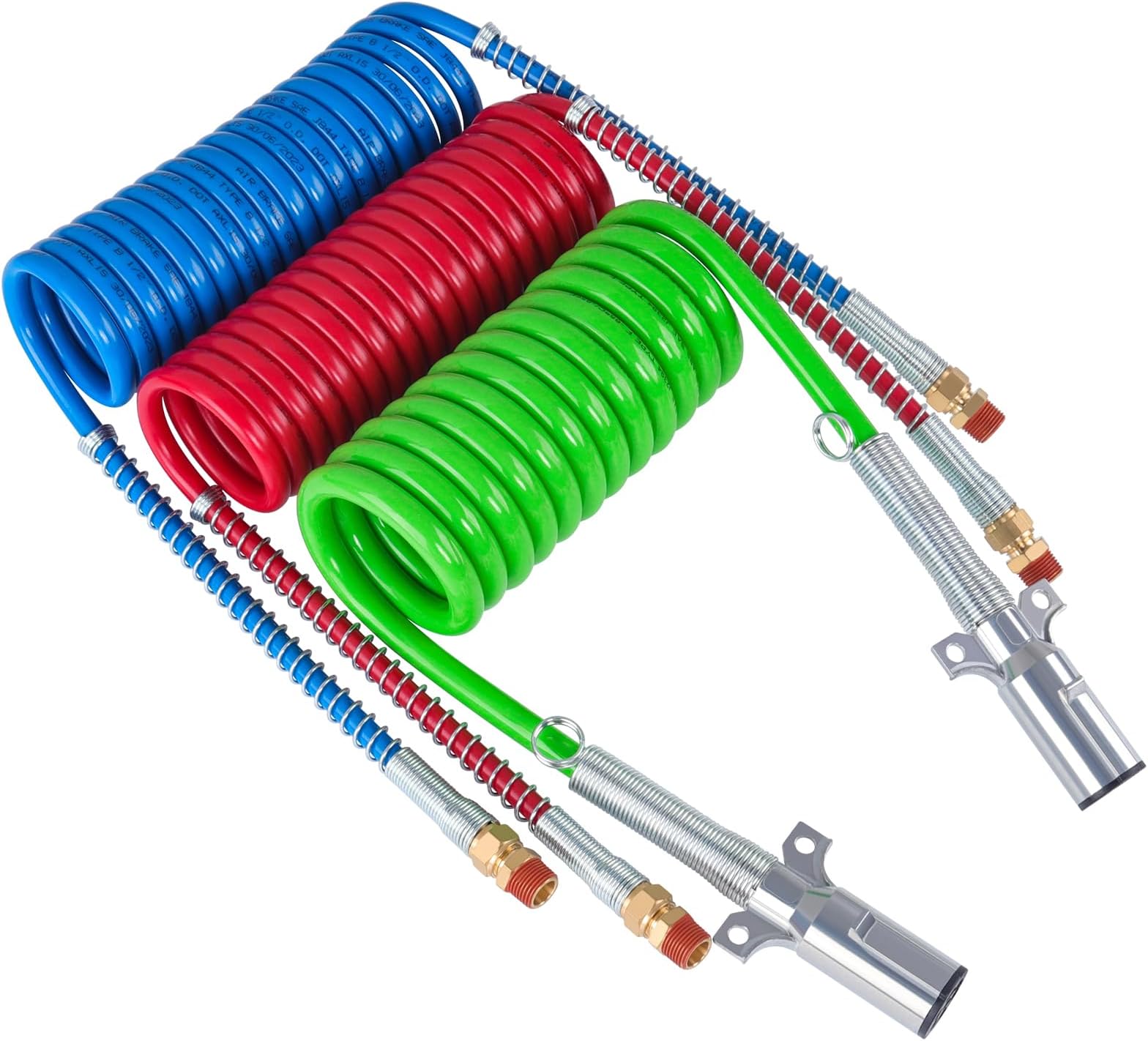 CheeMuii 15 Ft Coiled Air Brake Hoses & ABS Electrical Power Wire Assembly Kit 3 in 1 Semi Truck Air Lines Kit Coiled 7 Way Trailer Cord and Air Brake Hoses for Semi Trucks Trailers Tractors