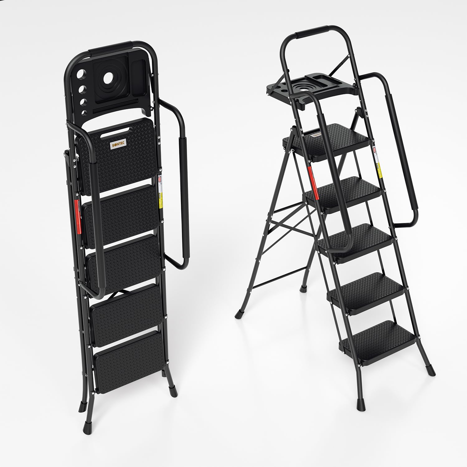 Escalera de 5 peldaños con pasamanos y bandeja para herramientas, escalera plegable para el hogar, antideslizante, hasta 150 kg, color negro, 52 x 108 x 167 cm