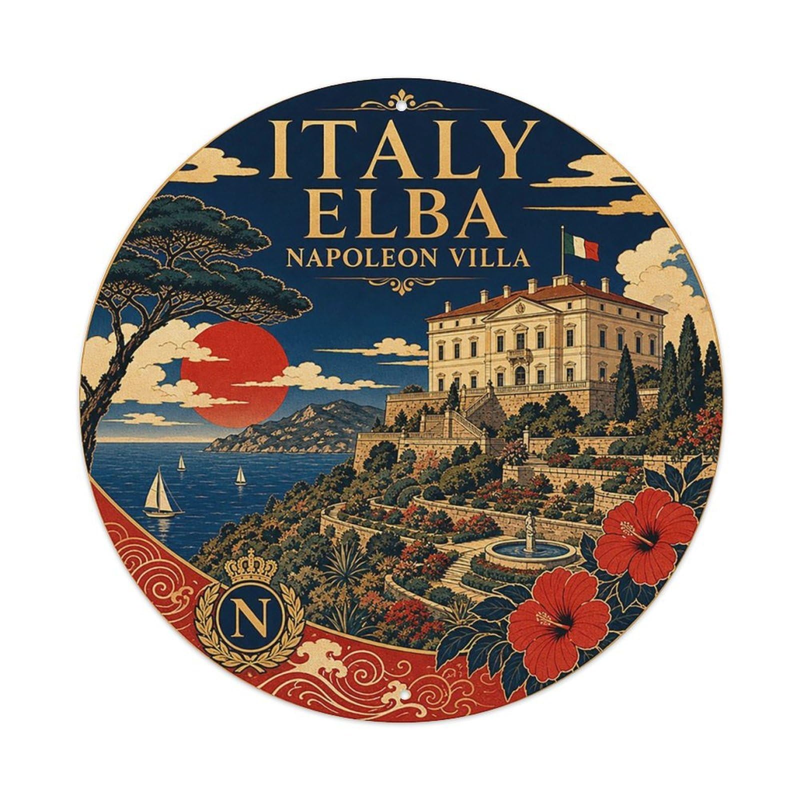 Elba Historic Villa Italian Woodblock Travel Landmark Metal Tin Sign