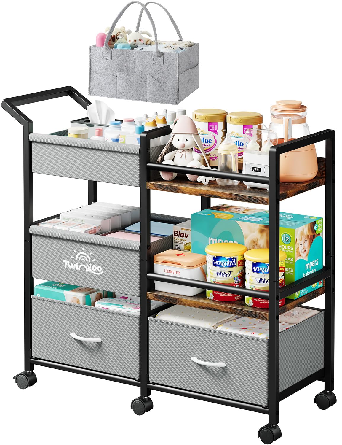 Organizador de pañales Twinkoo para bebé, carrito de almacenamiento rodante de 3 niveles con divisores y cajones, carrito utilitario de noche para artículos esenciales de guardería, carrito de almacenamiento móvil de gran capacidad para cuna y dormitorio.
