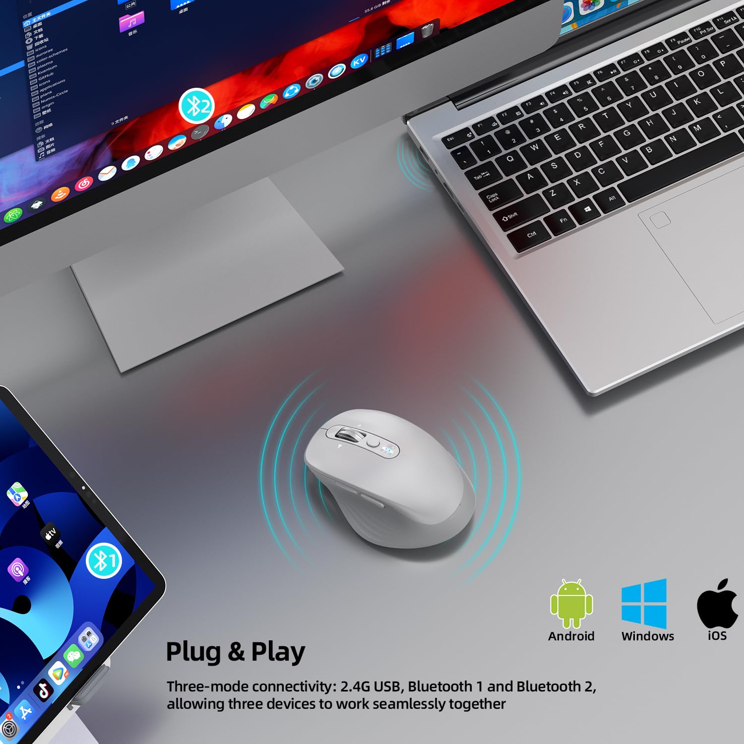 INFINMIND Ratón inalámbrico, Multi-Dispositivo Bluetooth, Receptor USB 2.4G y Doble Bluetooth, Rueda de Desplazamiento 4 direcciones silencioso para computadora, portátil, PC, MacBook, iPad(Blanco)
