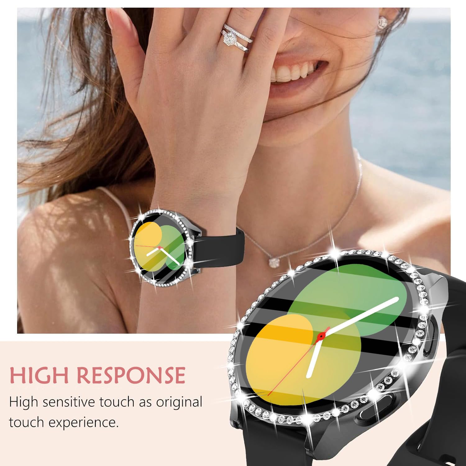 DEALELE [2-PACK] Case Compatible with Samsung Galaxy Watch 5/4 44mm, Bling Single-Row Diamond PC Protective Case Replacement Watch Cover Bumper (44mm, Gold+Transparent) — view 276