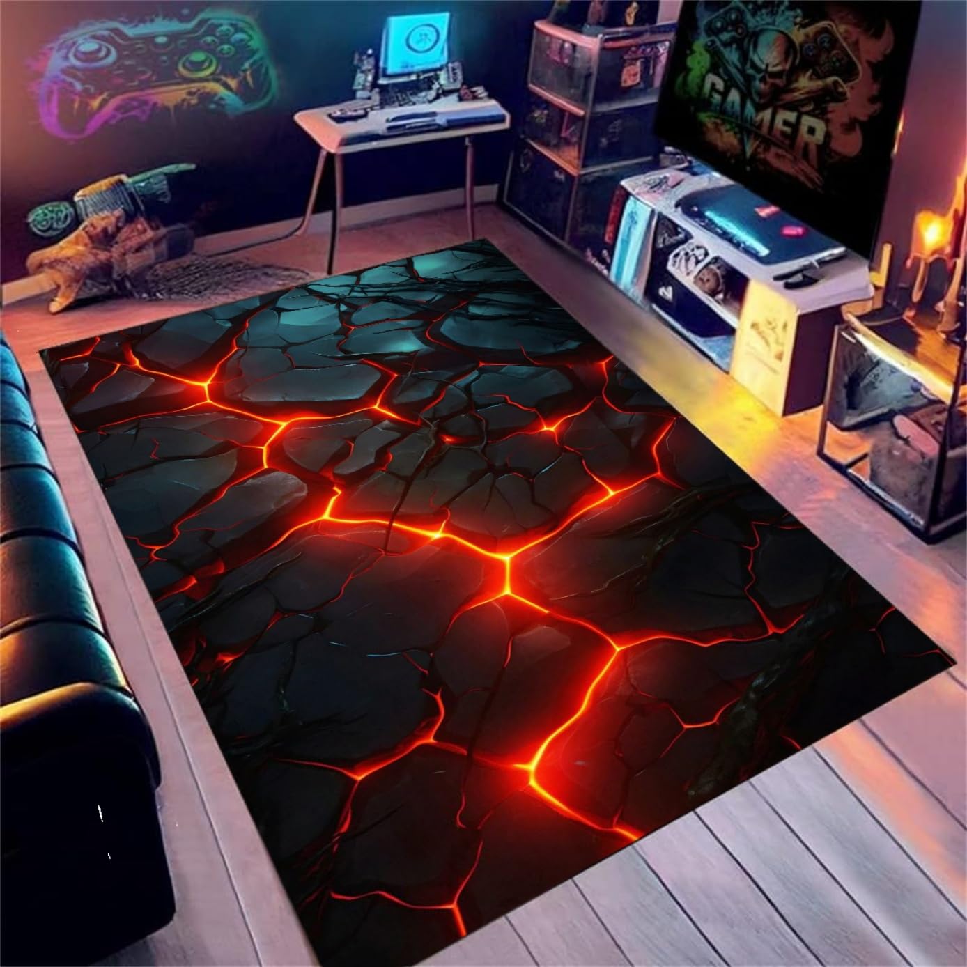 Tappeto Gaming 3D Effetto Neon Ottico Illusione, Morbido in Flanella per Cameretta Ragazzo Sala Giochi, Decorazione Moderna per Setup da Gamer, Tappeto per Stanza Videogiochi, 160x200 cm, Color 3