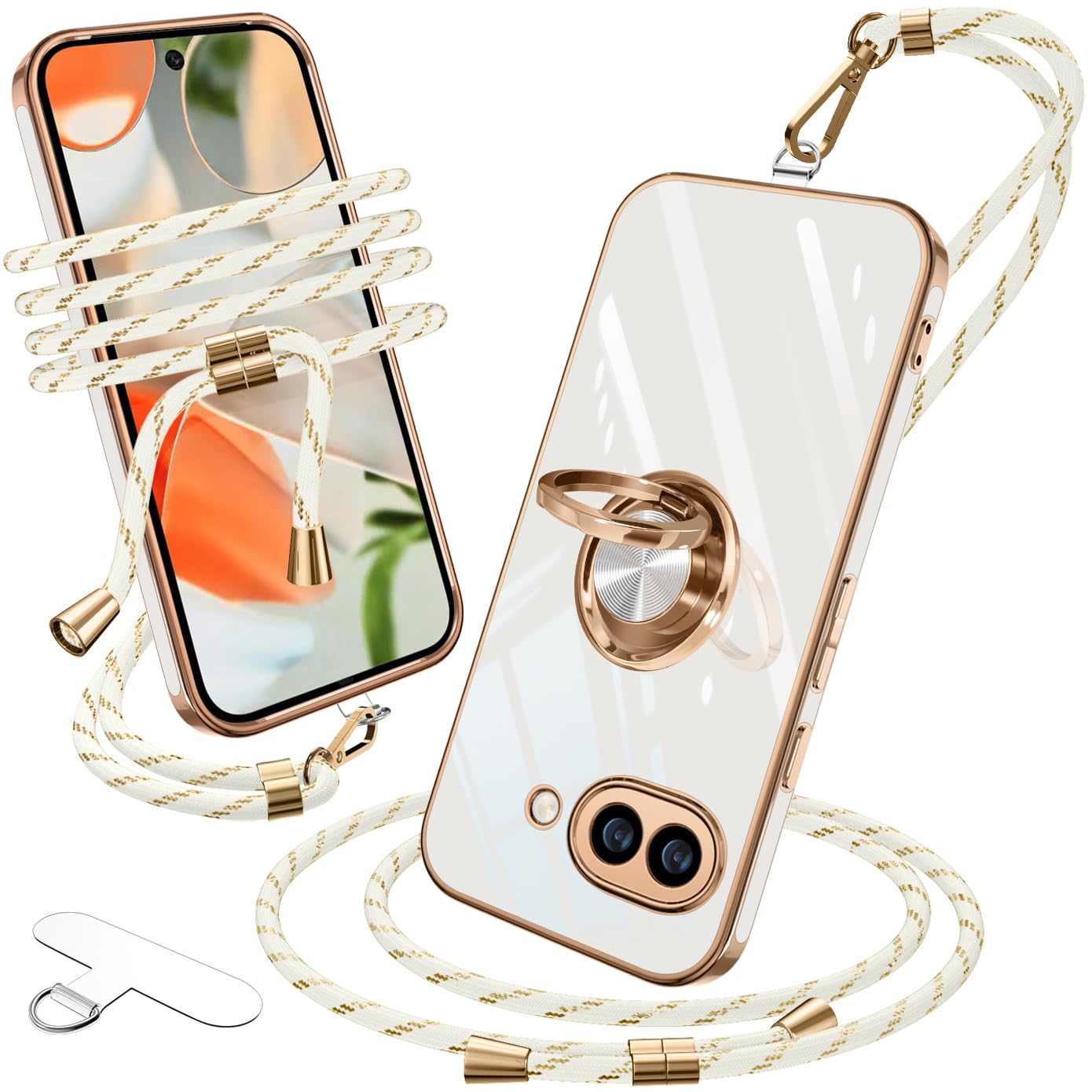 Google pixel 9a ケース ショルダー リング付き ピクセル9a リング カバー スマホケース 耐衝撃 磁気吸着 携帯カバー 織りストラップ付き 取り外し可能 肩がけ 首掛け 紐付き 縄掛け 斜めがけ 調節可能 クロスボディ スタンド機能 車載ホルダー対応 360°回転 黄変防止 指紋防止 (ホワイト)