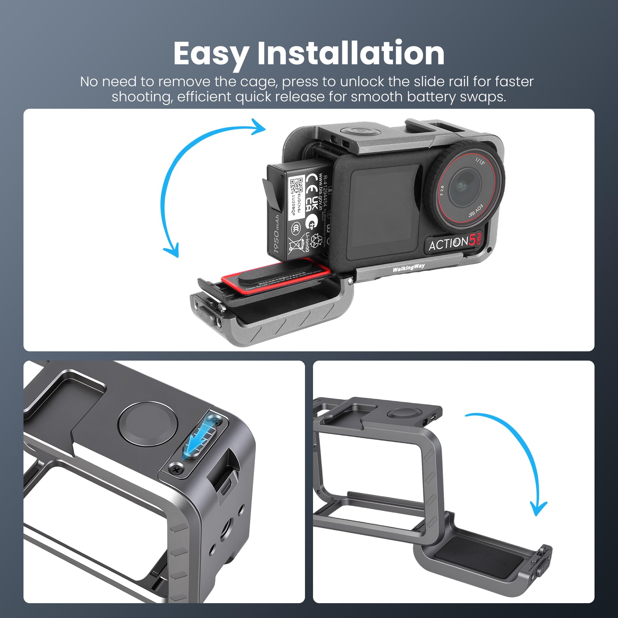 Walking Way Gabbia Protettiva in Metallo per DJI Osmo Action 5 Pro/4/3, Telaio in Lega di Alluminio con Slitta a Freddo e Filettatura da 1/4"-20, Attacco Magnetico Rapido per Accessori DJI Mic